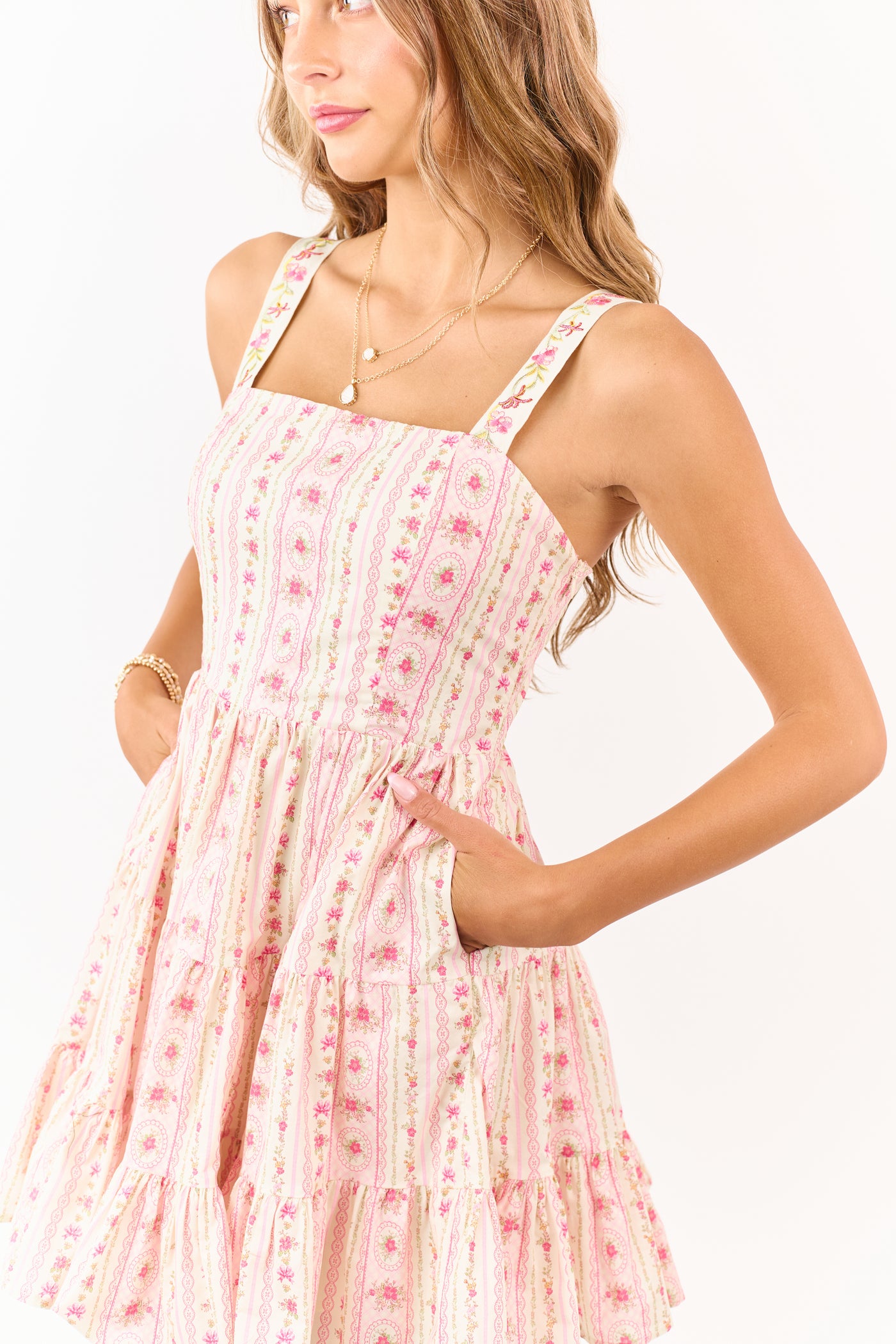 Cream Cotton Floral Tiered Sleeveless Mini Dress