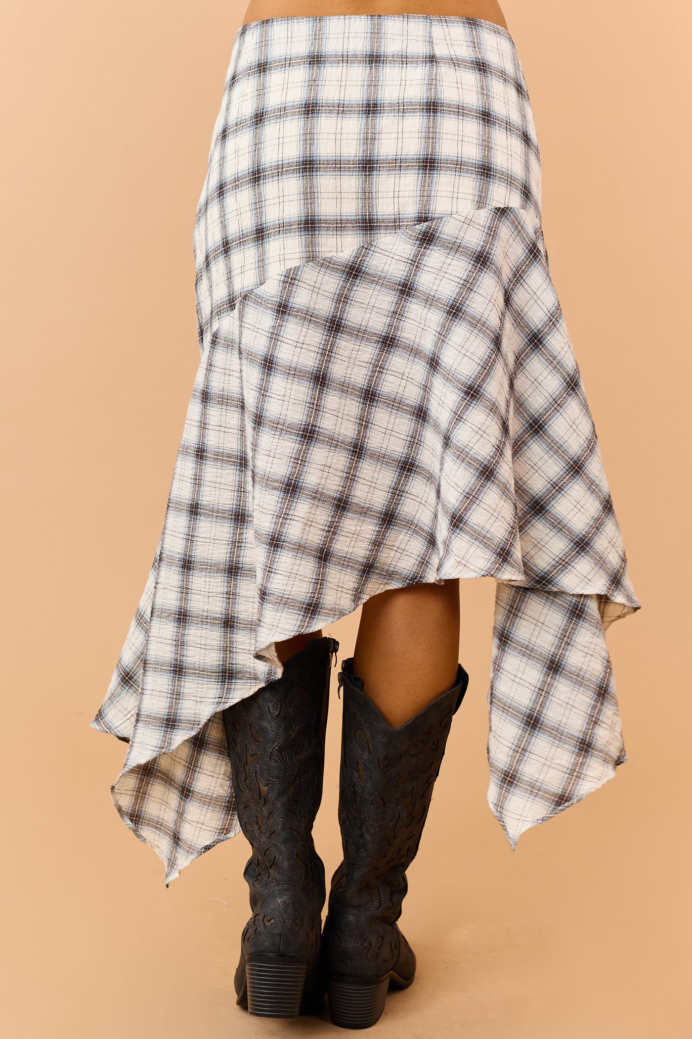 Cream Cotton Gauze Plaid Handkerchief Hem Skirt
