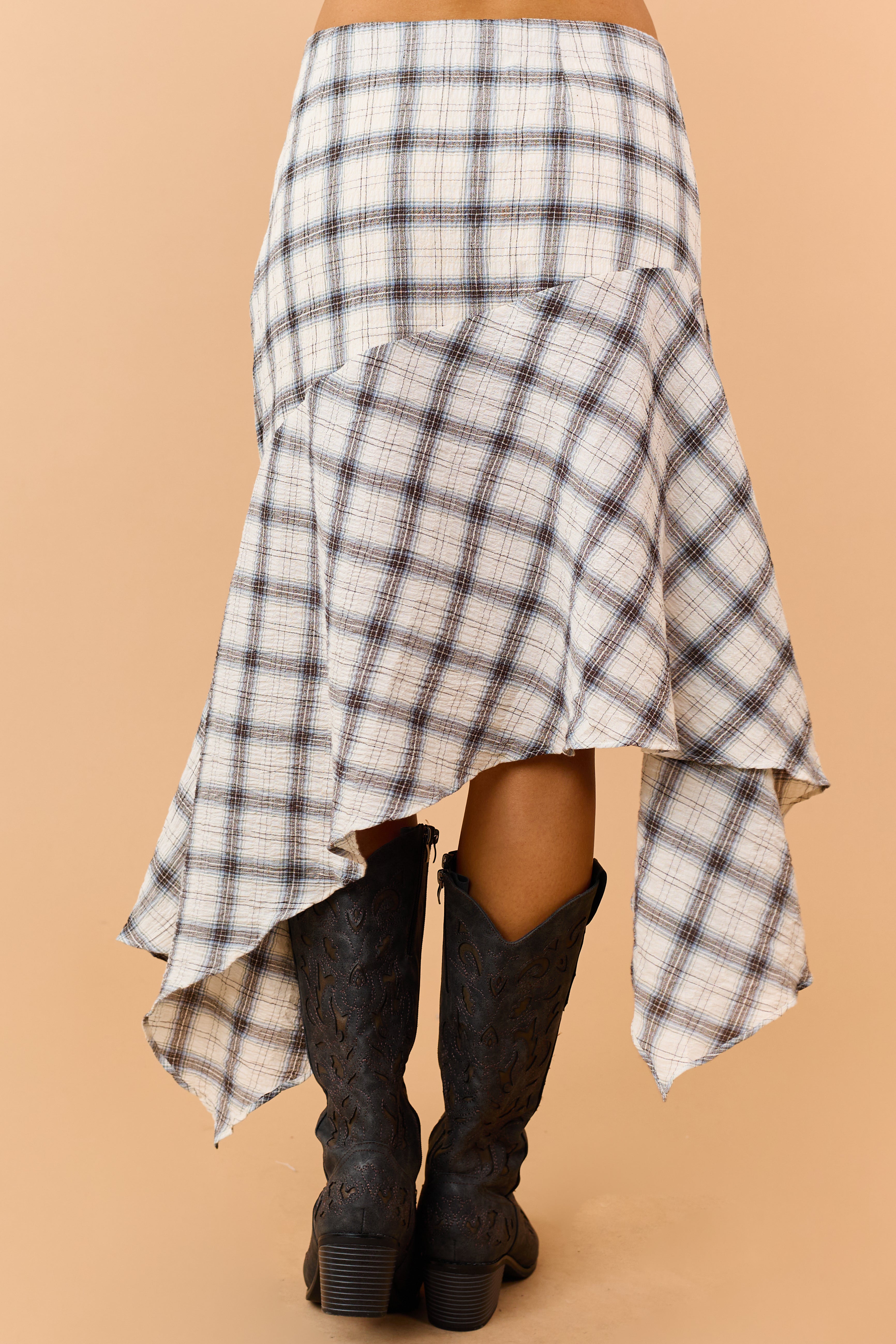Cream Cotton Gauze Plaid Handkerchief Hem Skirt