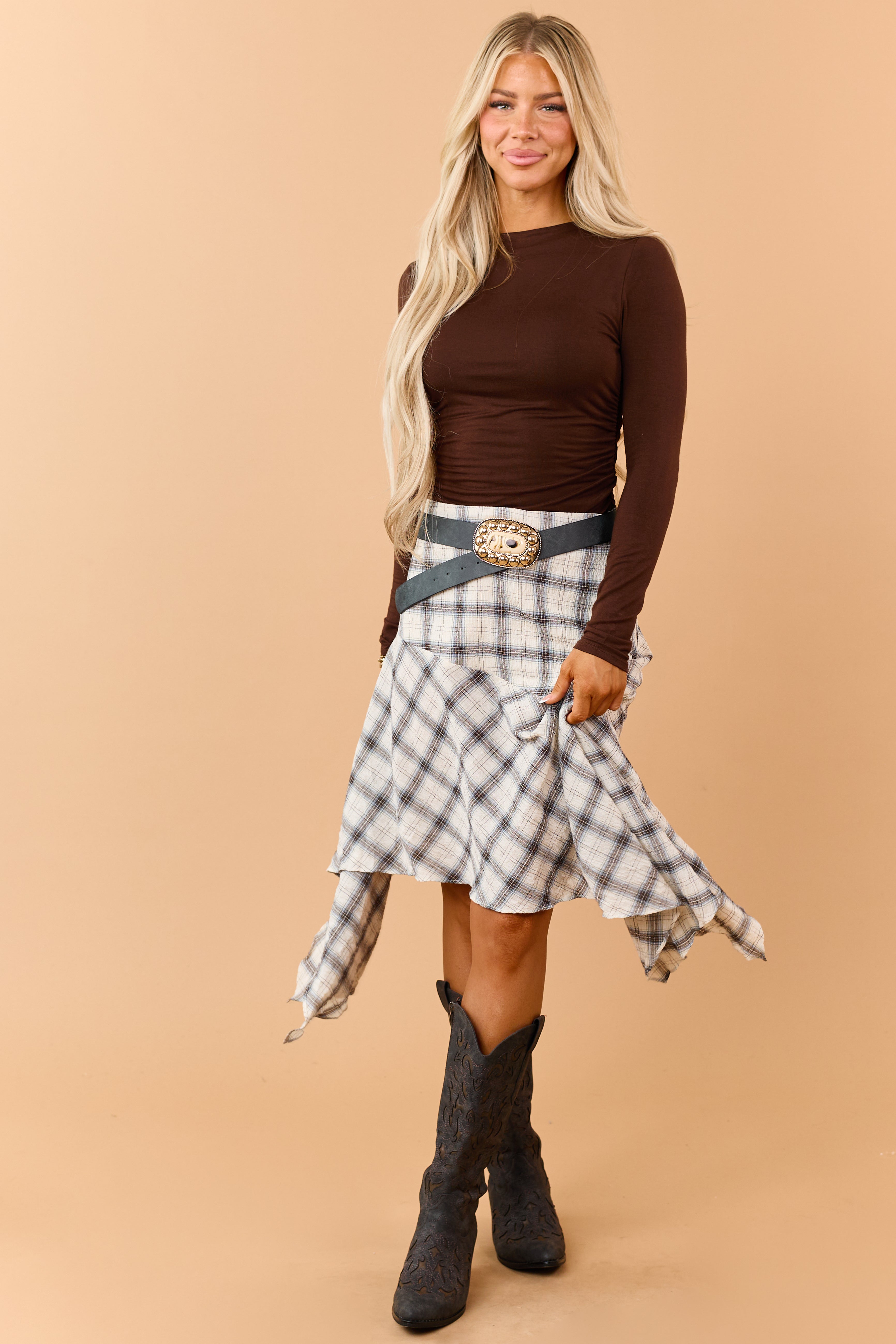Cream Cotton Gauze Plaid Handkerchief Hem Skirt