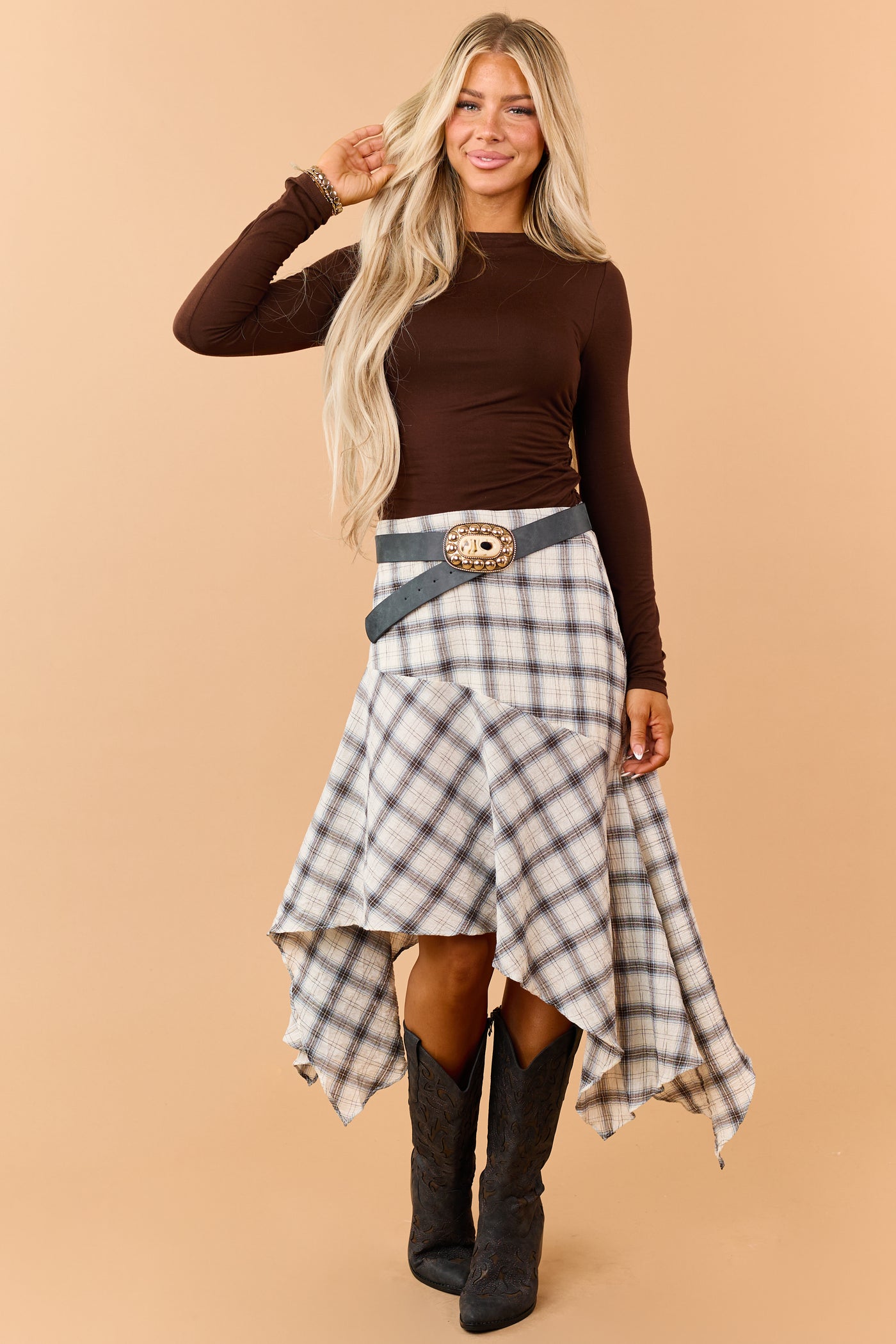 Cream Cotton Gauze Plaid Handkerchief Hem Skirt