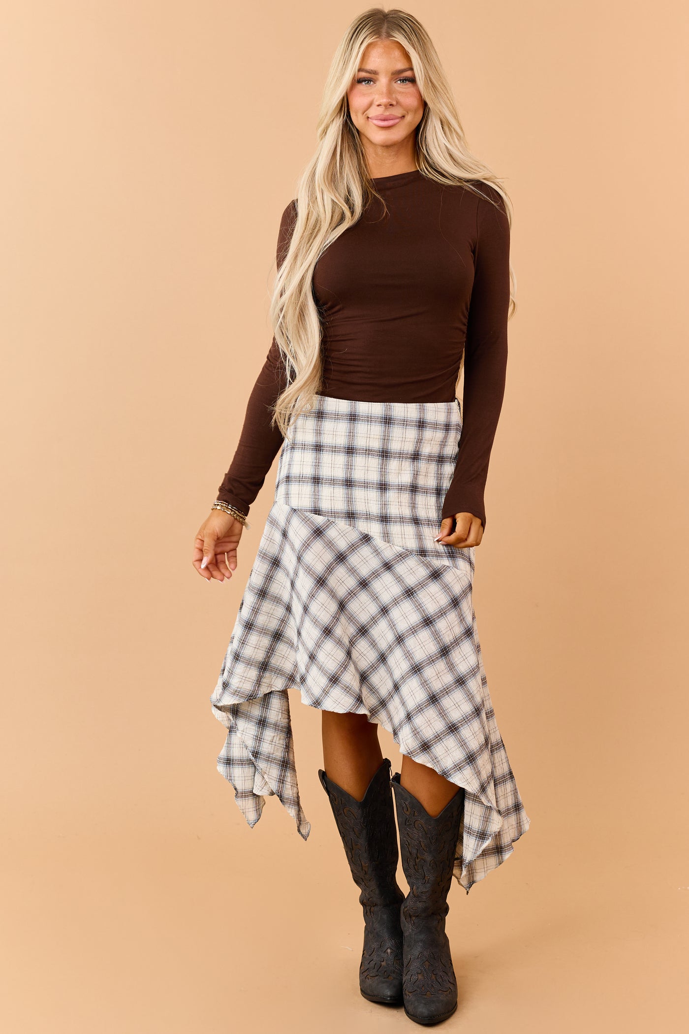 Cream Cotton Gauze Plaid Handkerchief Hem Skirt