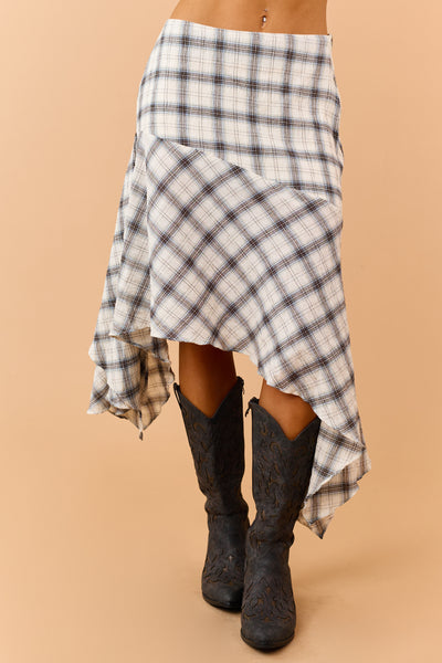 Cream Cotton Gauze Plaid Handkerchief Hem Skirt