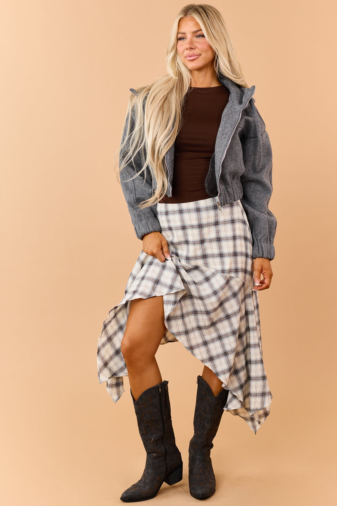 Cream Cotton Gauze Plaid Handkerchief Hem Skirt