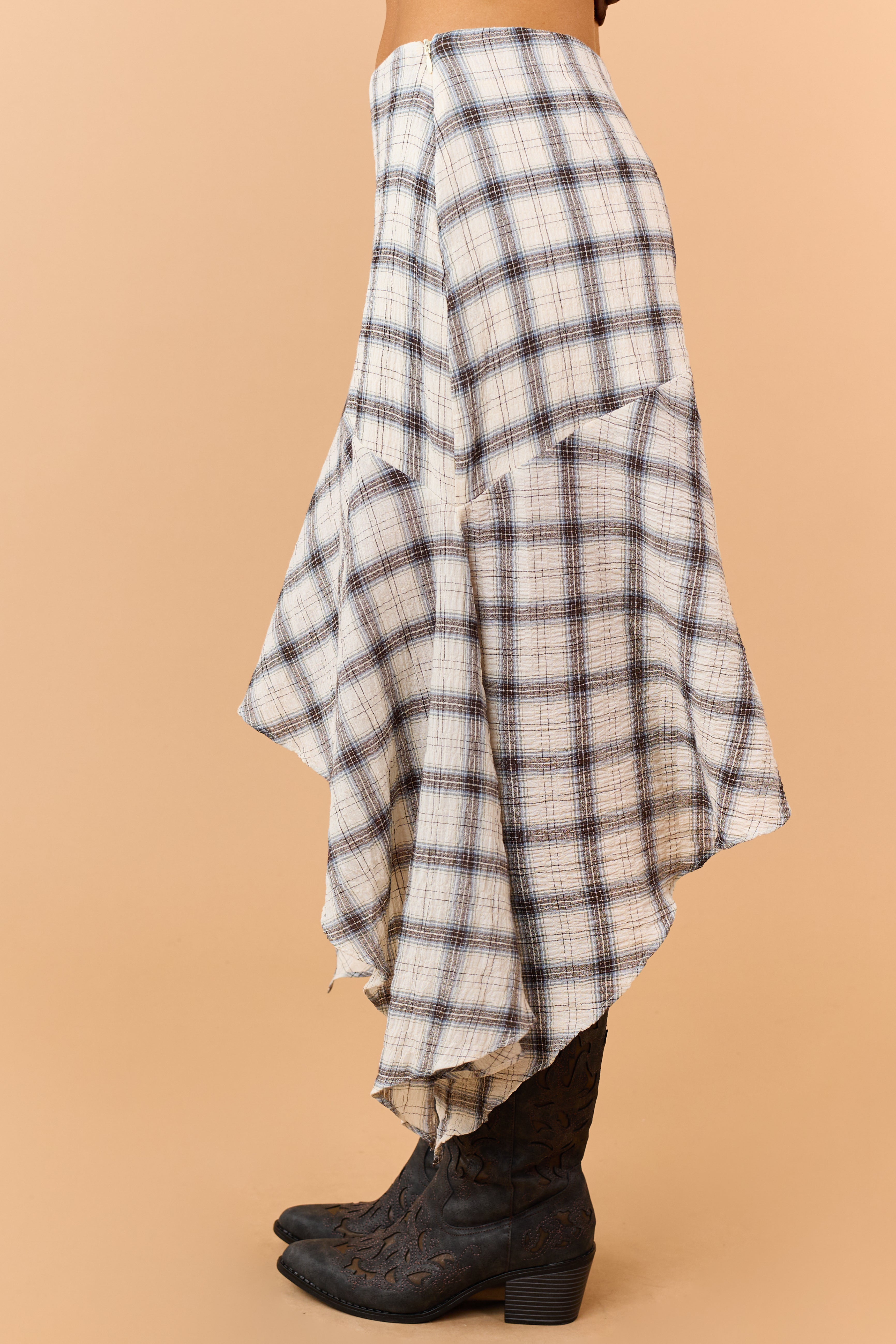 Cream Cotton Gauze Plaid Handkerchief Hem Skirt
