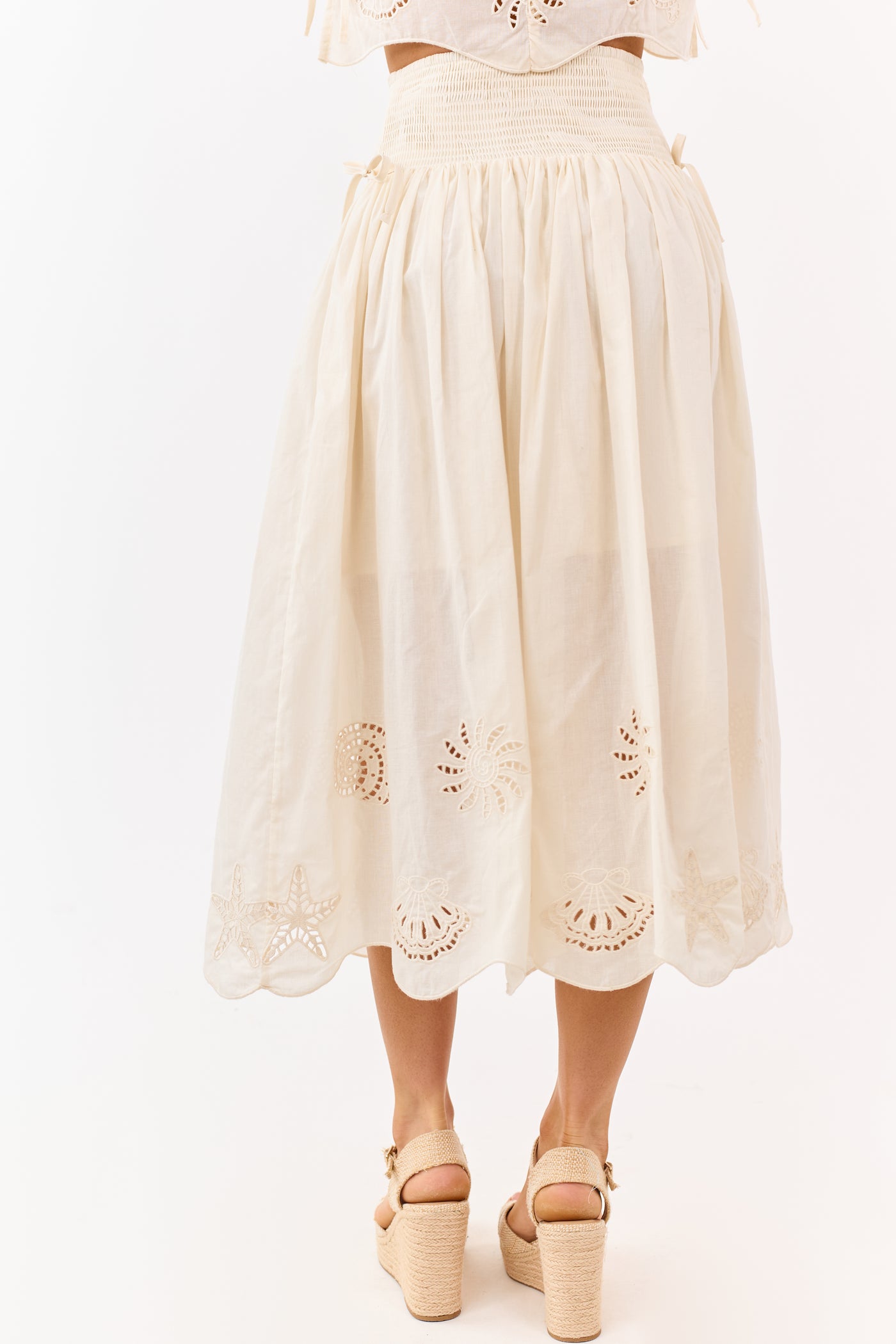 Cream Cotton Nautical Embroidered Hem Midi Skirt