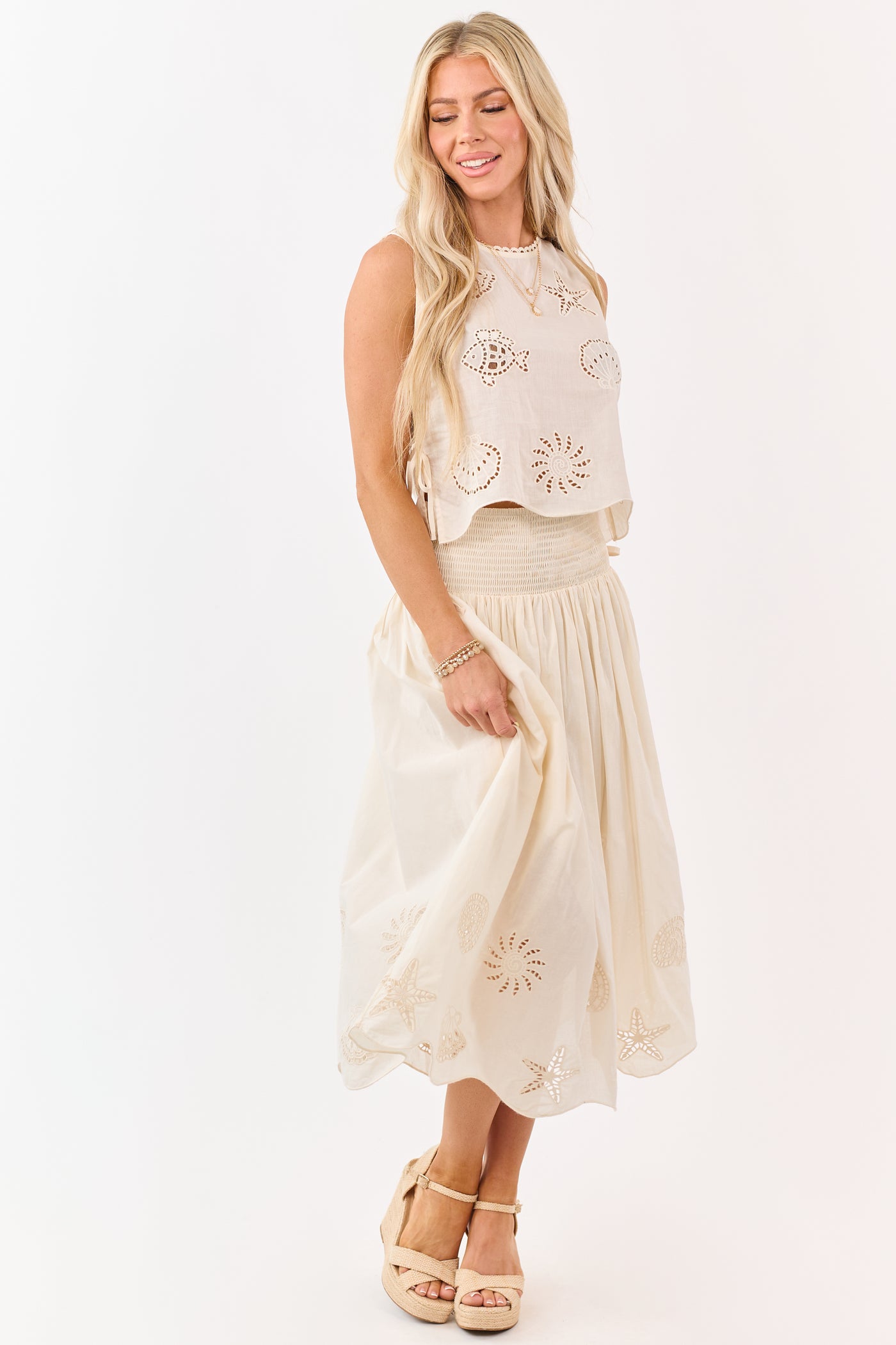 Cream Cotton Nautical Embroidered Hem Midi Skirt
