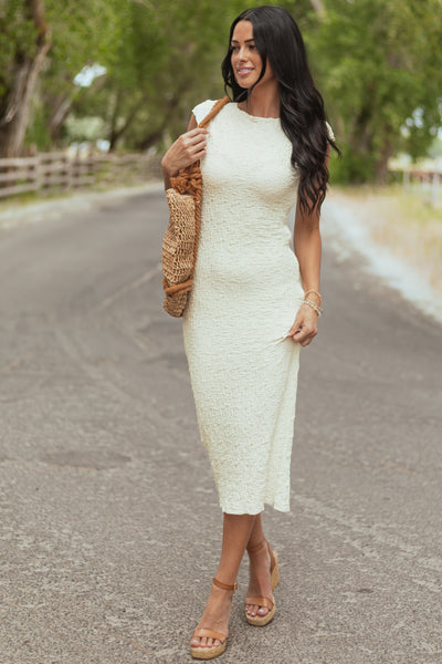 Cream Crinkle Textured Cap Sleeve Midi Dress