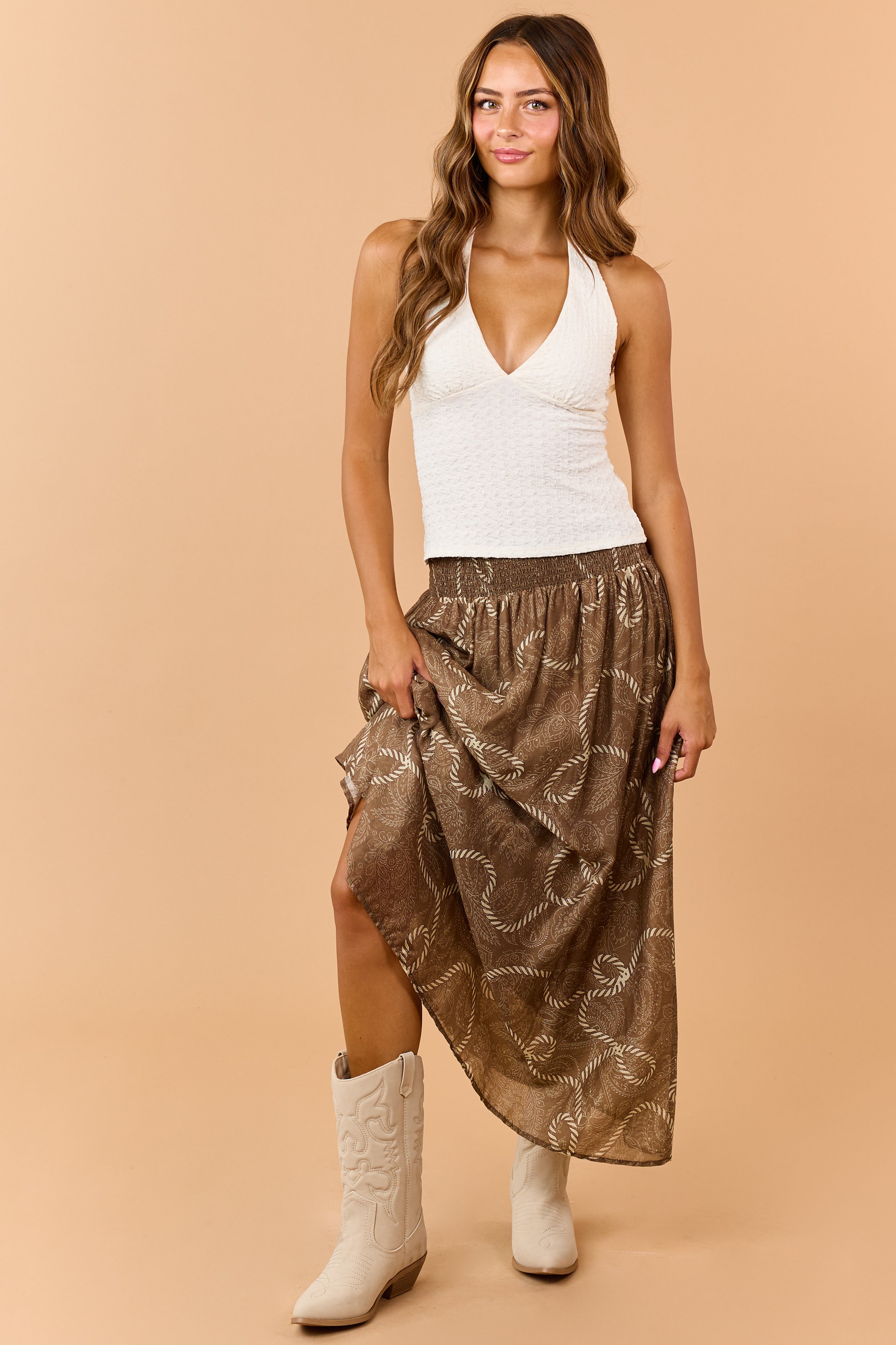 Cream Crinkle Textured Halter Neck Crop Top