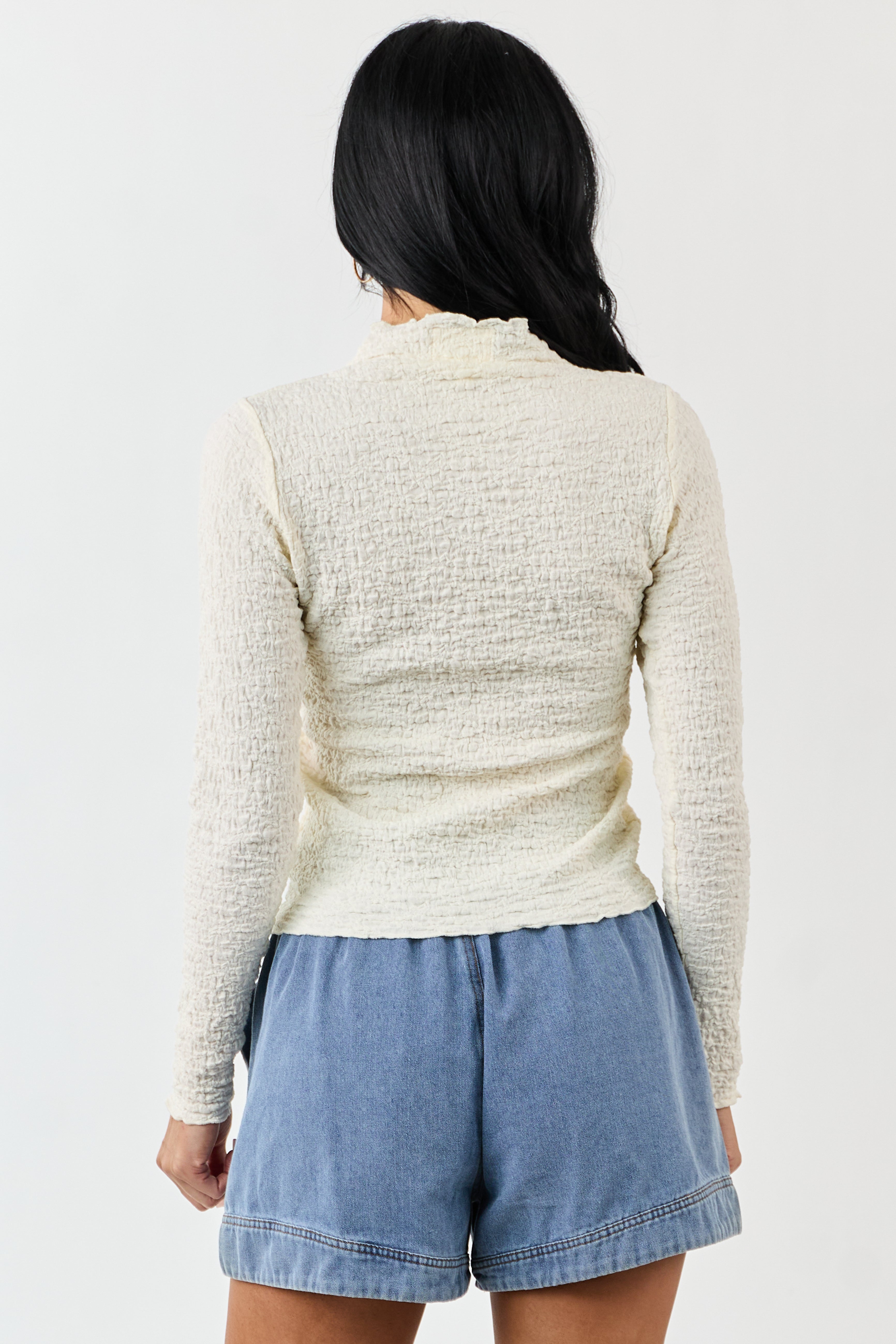 Cream Crinkle Textured Mock Neck Long Sleeve Top | Lime Lush Boutique