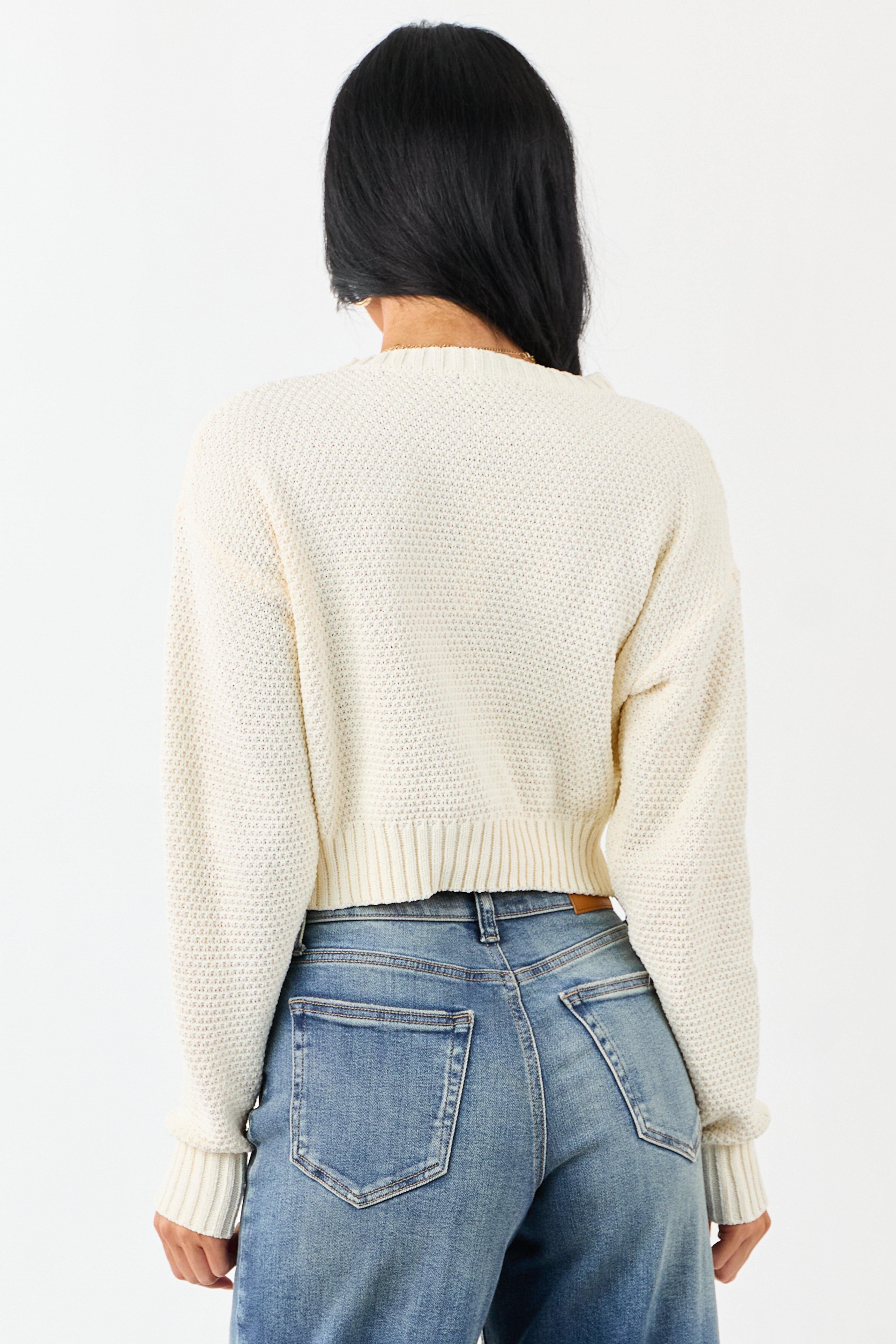 Cream Crochet Knit Bow Detail Crop Sweater