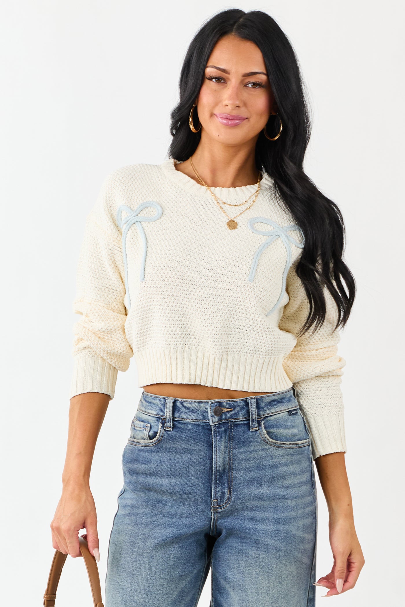 Cream Crochet Knit Bow Detail Crop Sweater