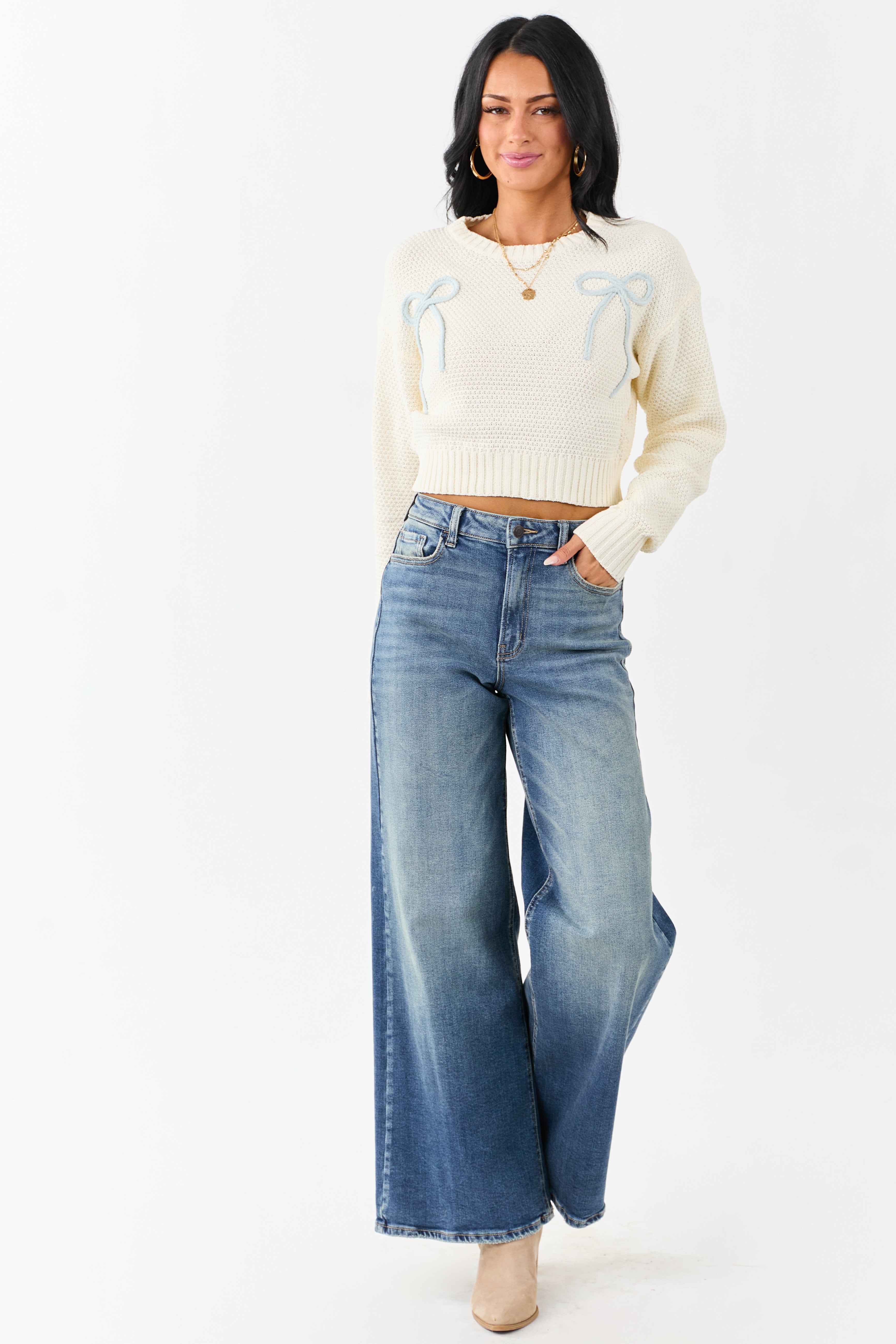Cream Crochet Knit Bow Detail Crop Sweater