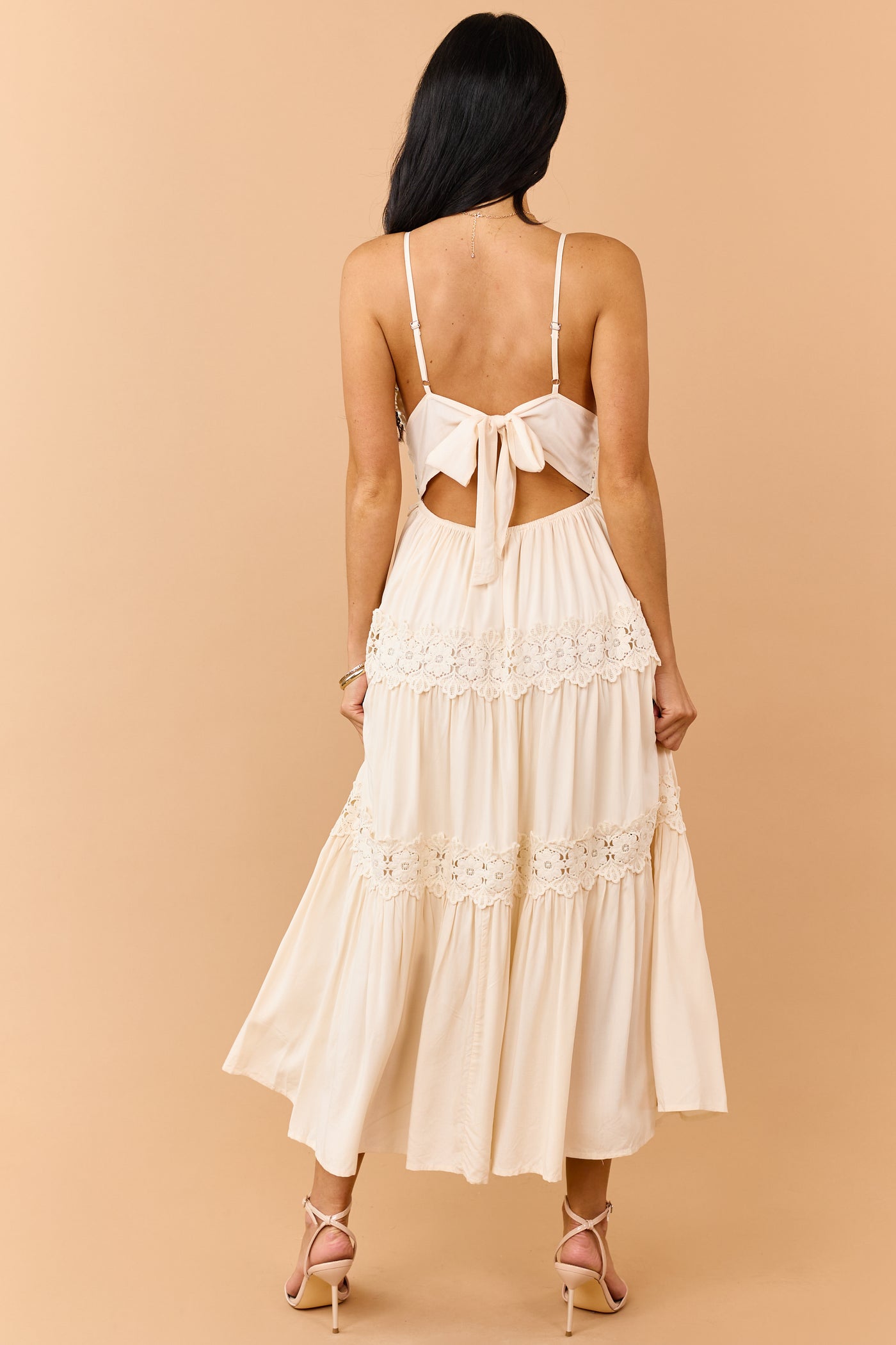 cream lace high low dress Shona Joy La Lune Lace Cross Back Maxi Dress in White