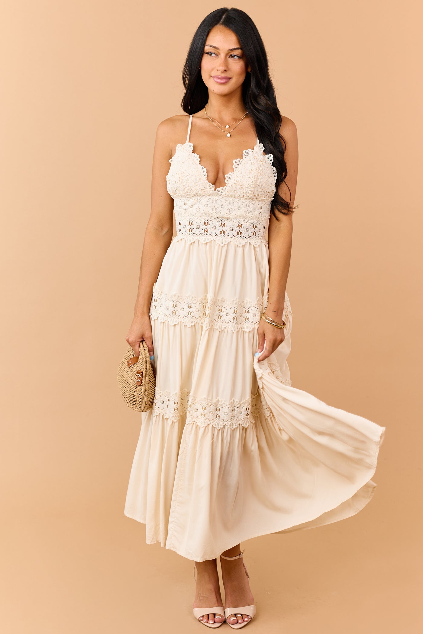 Cream Crochet Lace Open Back Tiered Maxi Dress