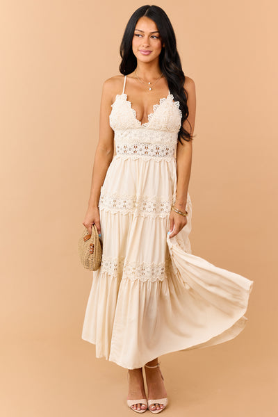 Cream Crochet Lace Open Back Tiered Maxi Dress