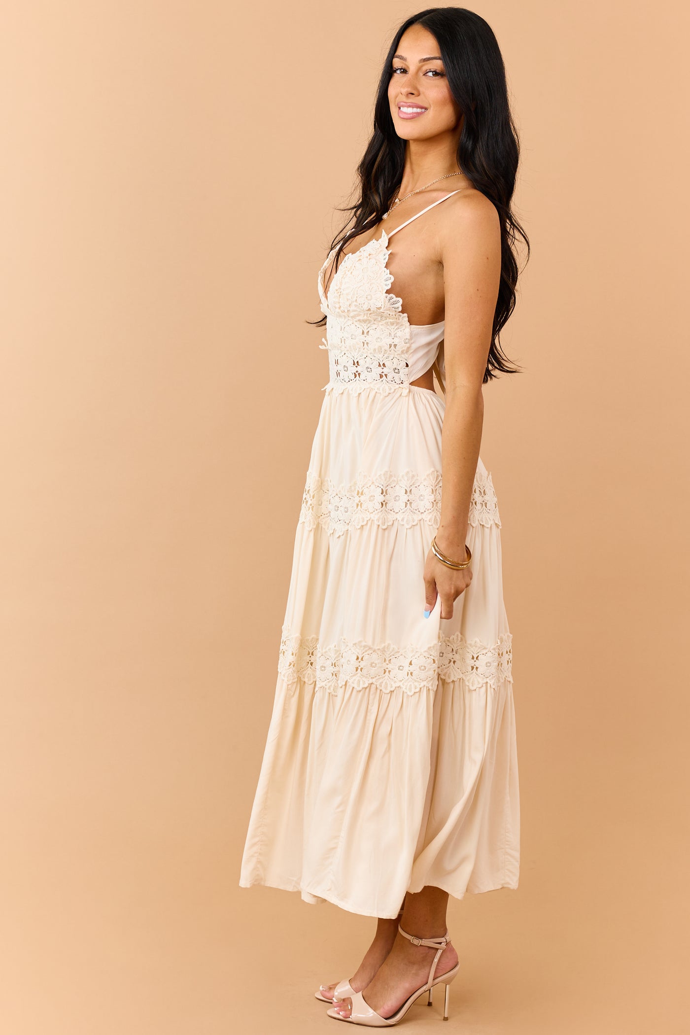 Cream Crochet Lace Open Back Tiered Maxi Dress
