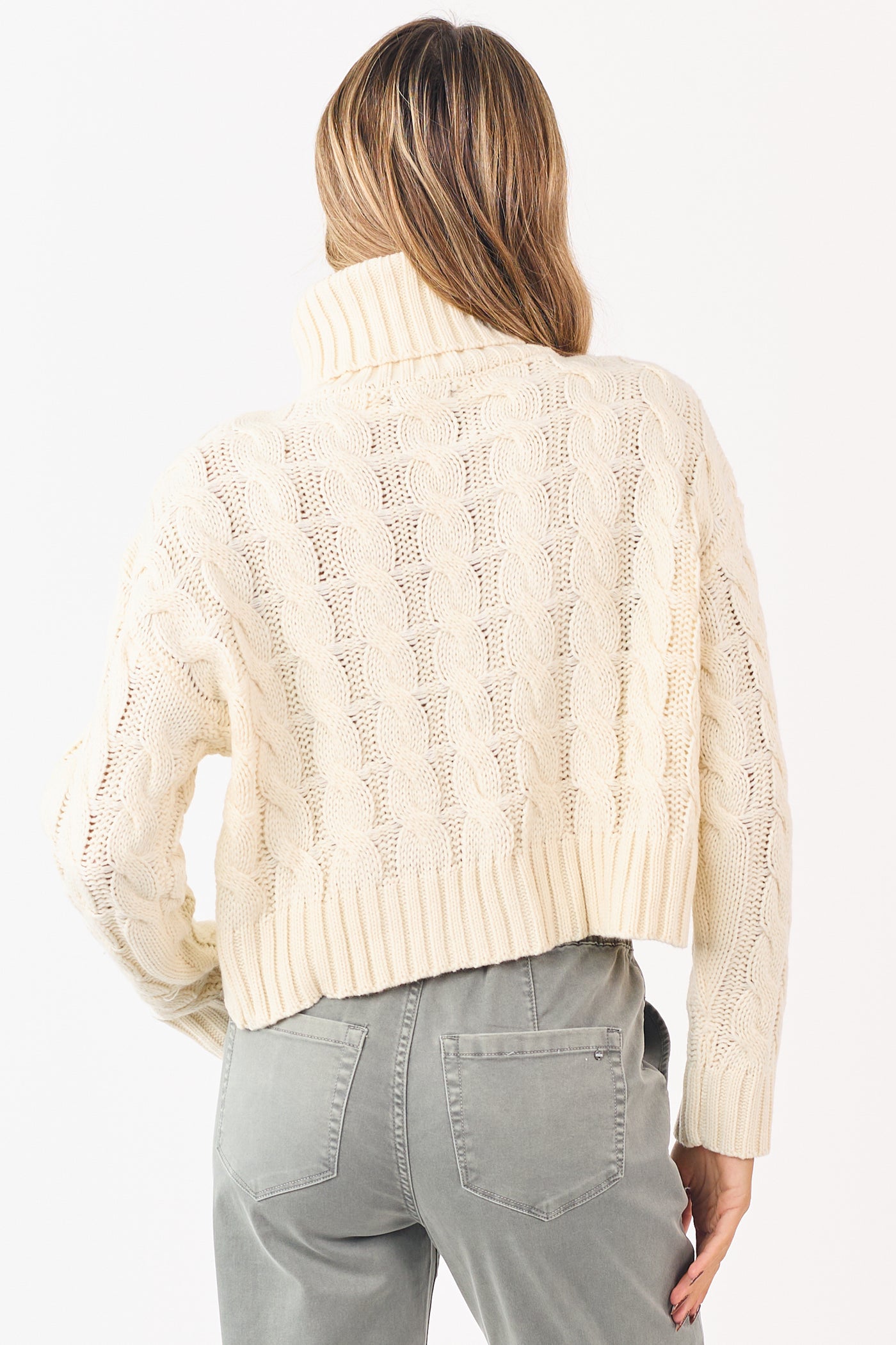 Cream Cropped Turtleneck Cable Knit Sweater