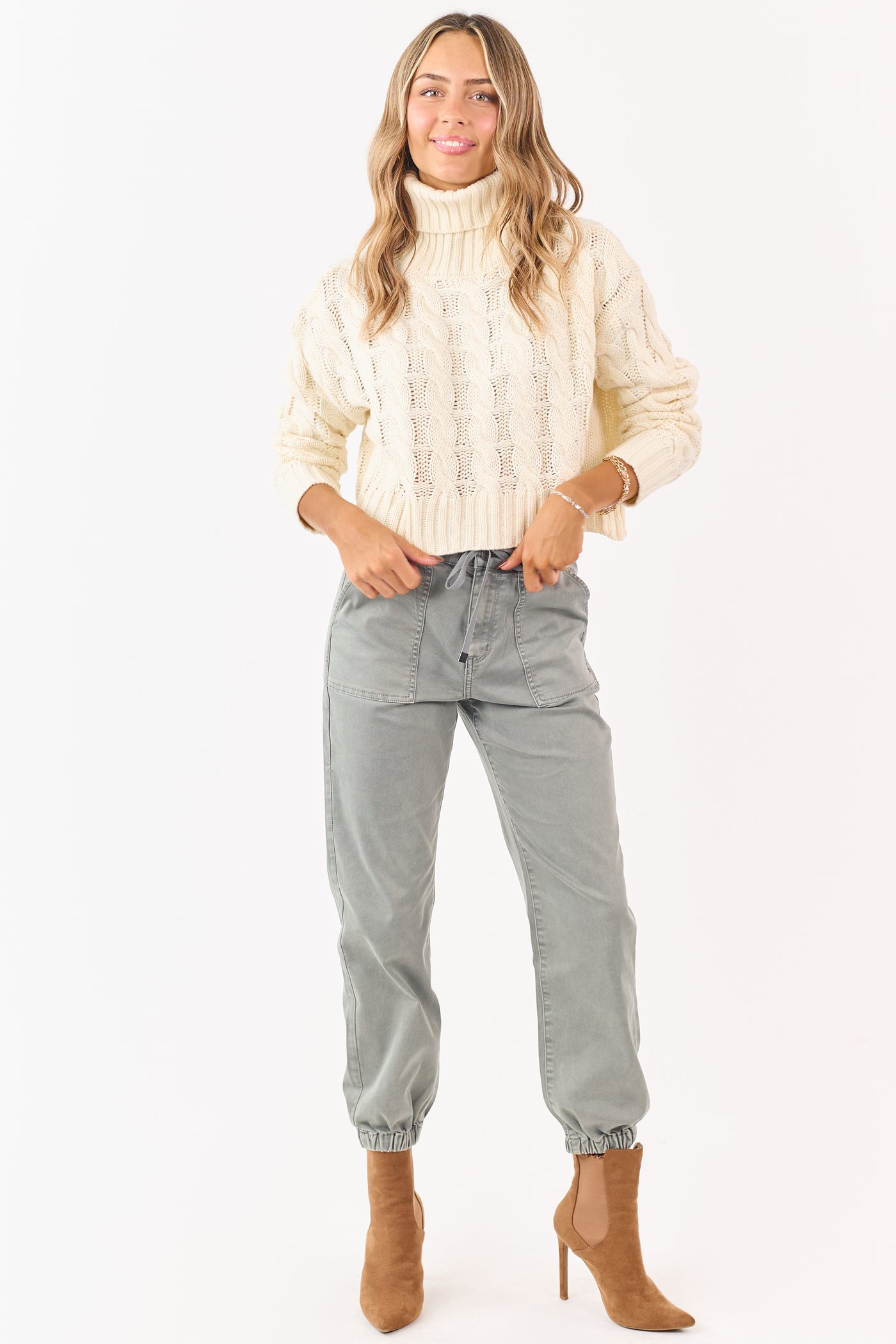 Cream Cropped Turtleneck Cable Knit Sweater