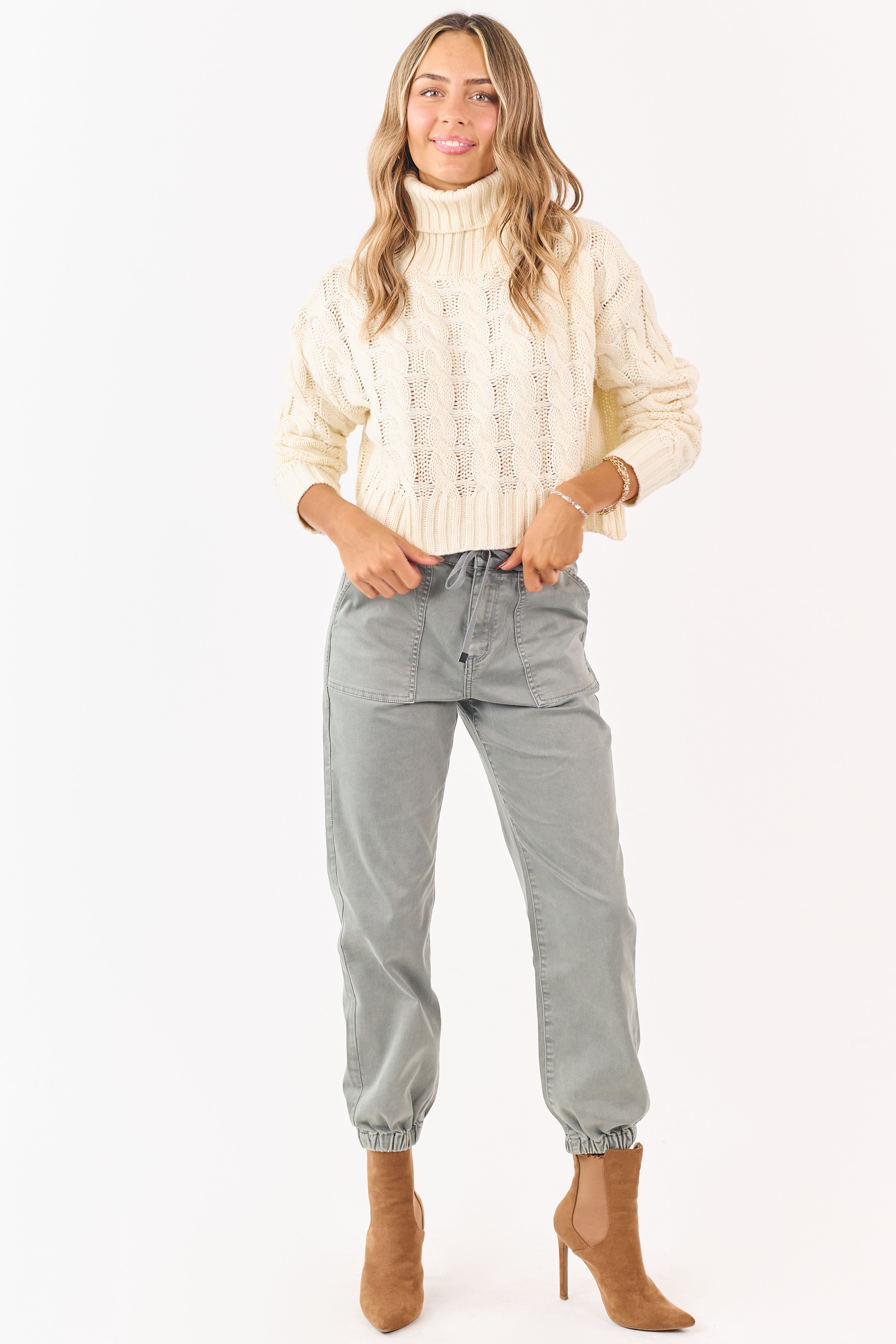 Cream Cropped Turtleneck Cable Knit Sweater