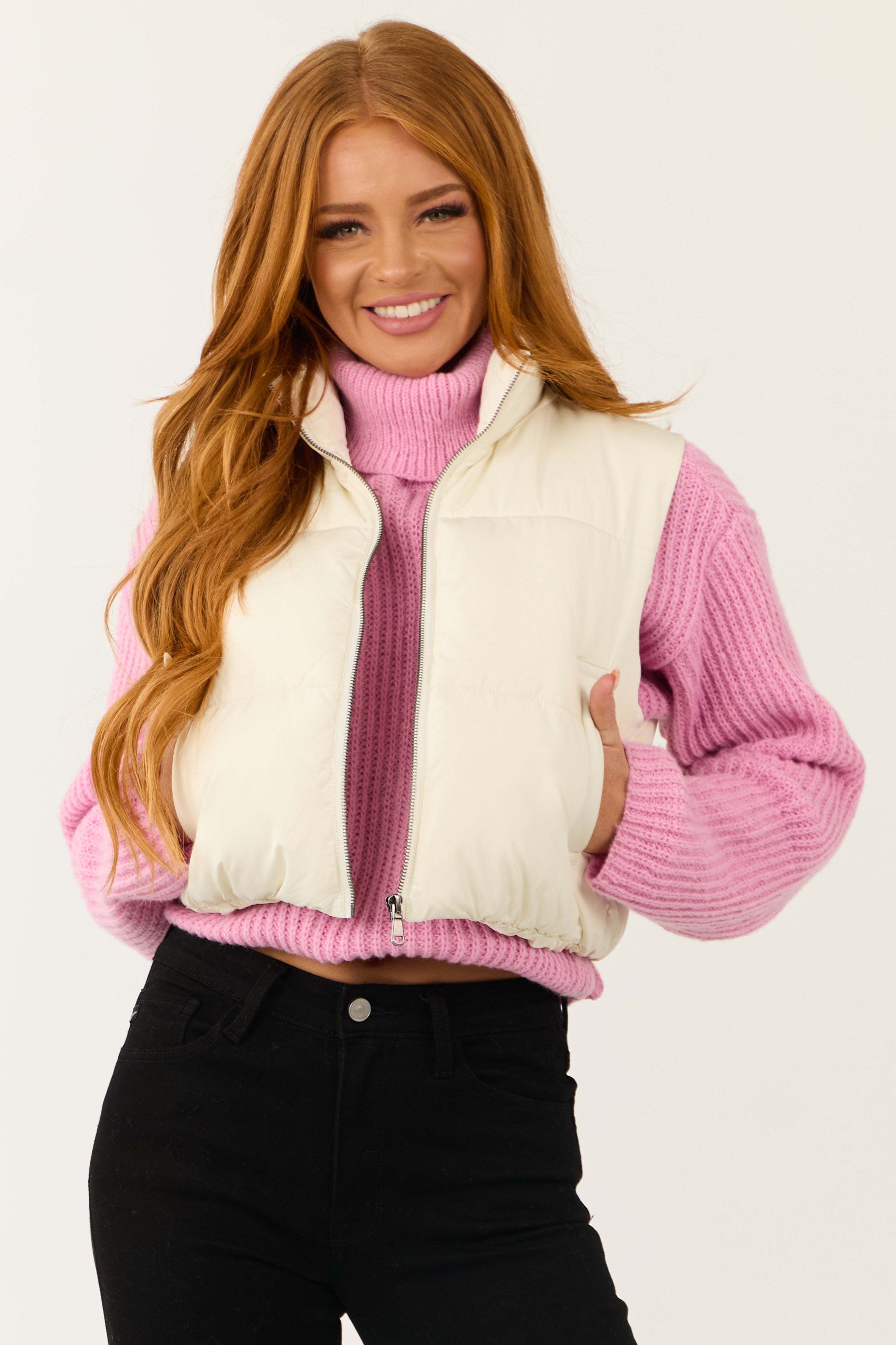 Cream Cropped Zip Up Padded Puffer Vest with Tie | Lime Lush Boutique