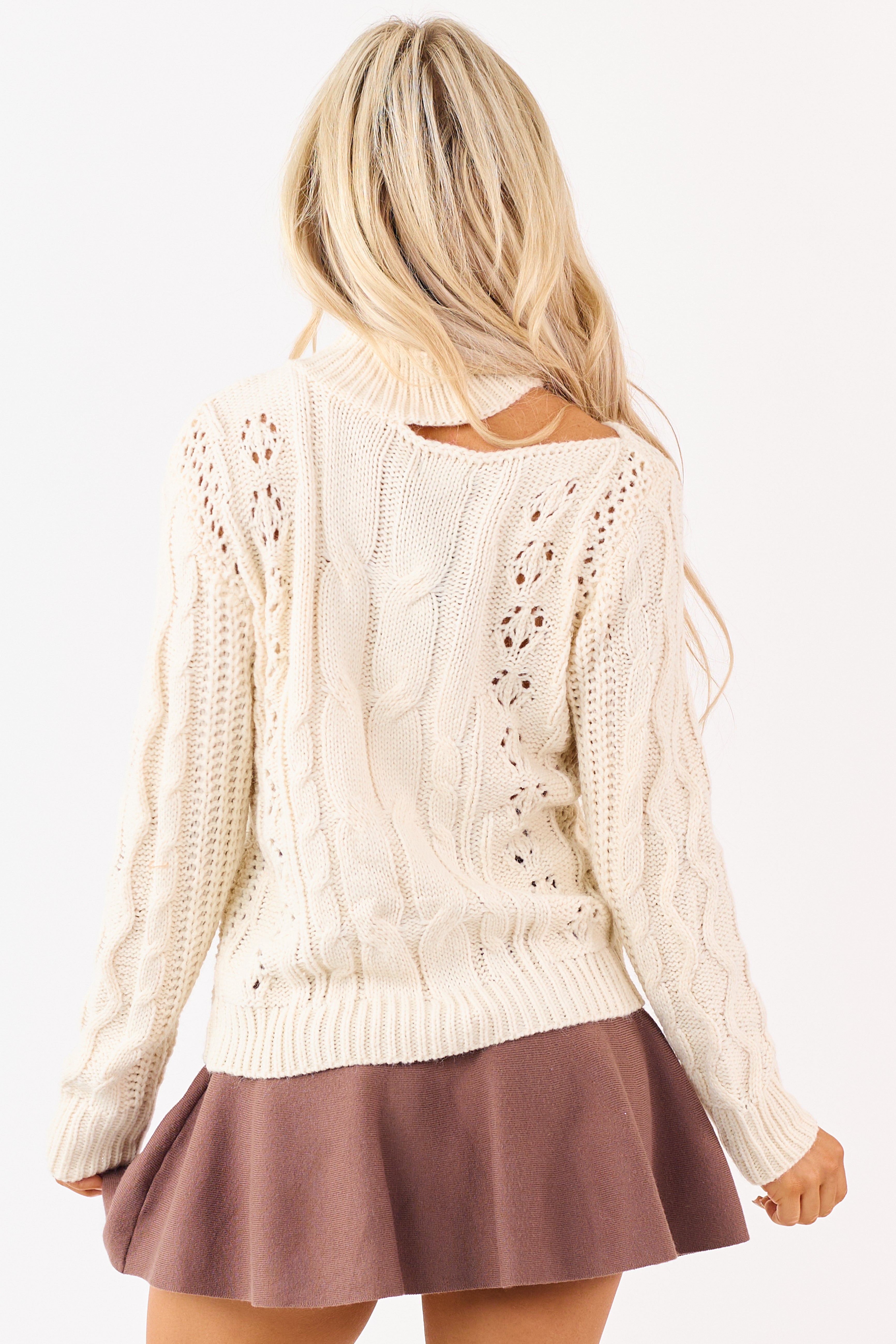 Cream Cut Out Mock Neck Pointelle Knit Sweater