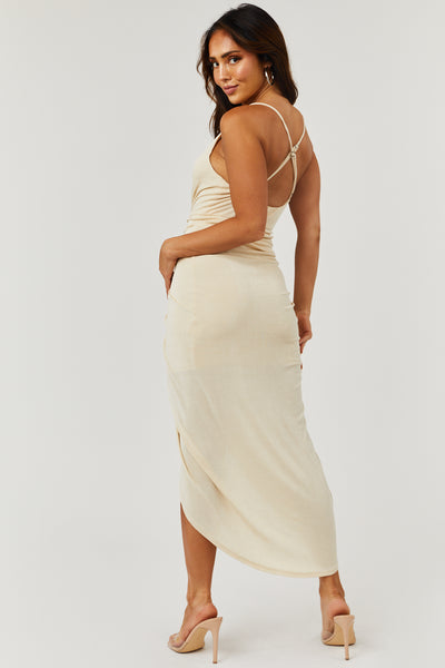 Cream Deep V Sleeveless Draped Midi Dress
