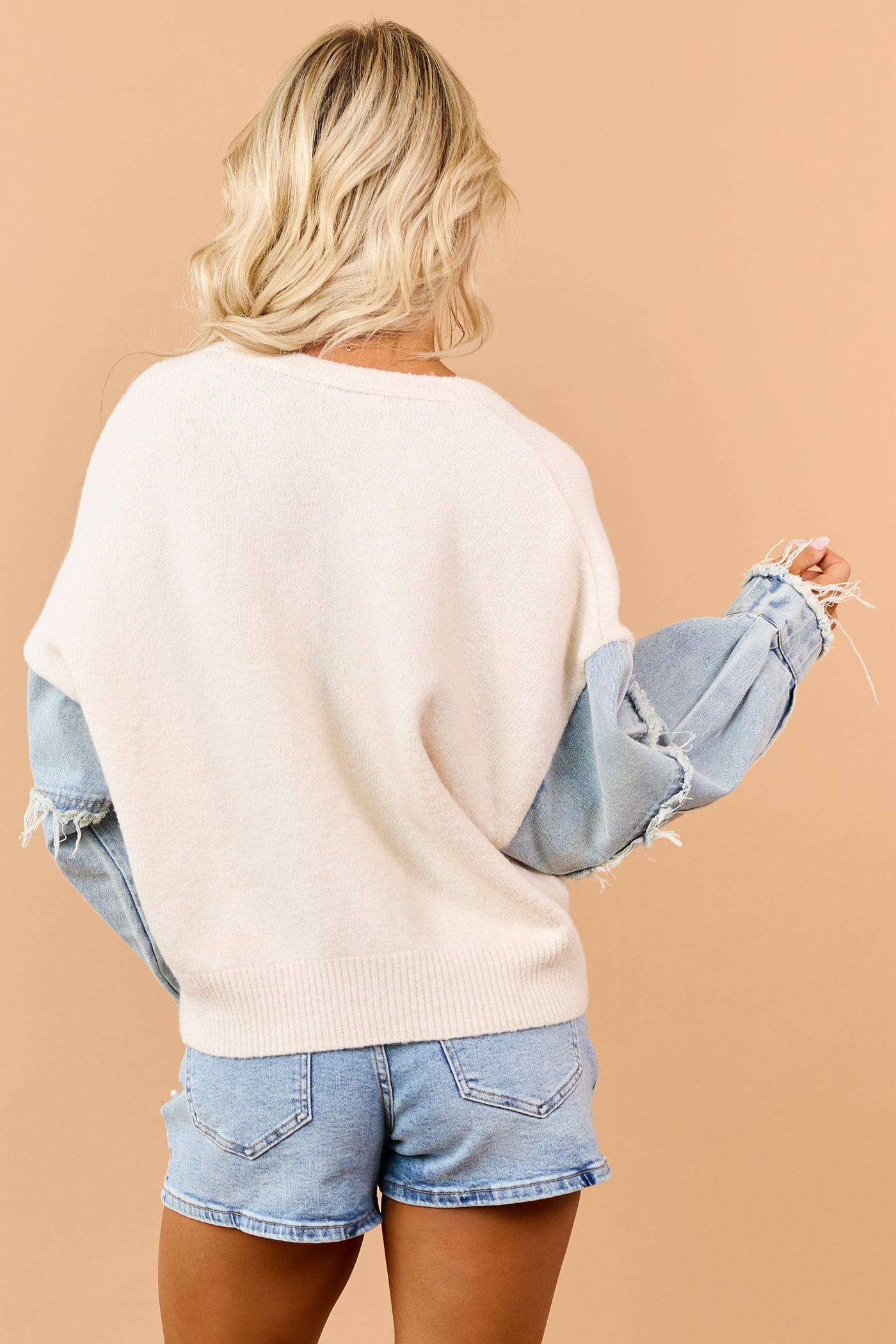 Cream Denim Sleeve Button Down Cardigan