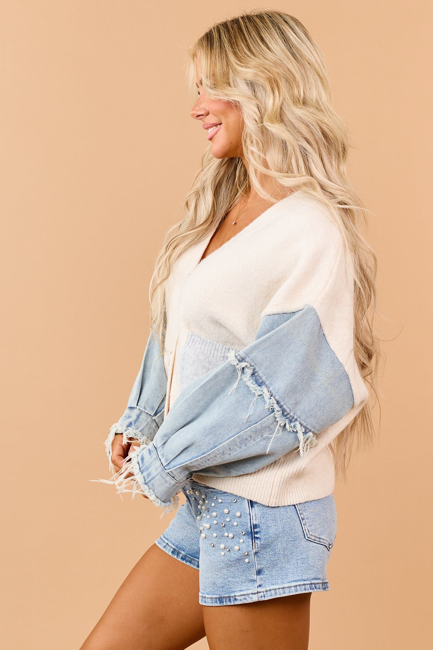 Cream Denim Sleeve Button Down Cardigan