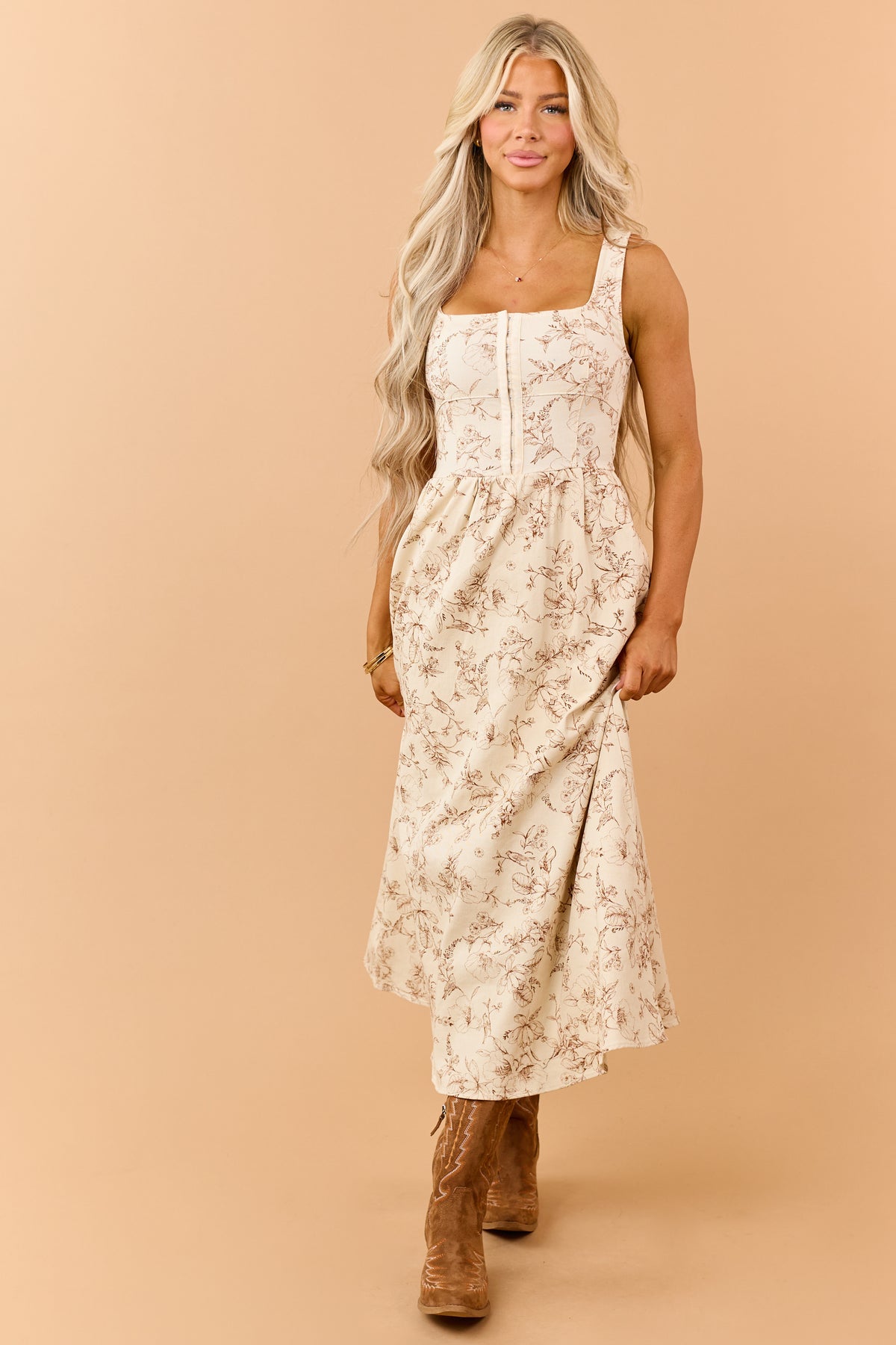 Cream Denim Toile De Jouy Pattern Midi Dress