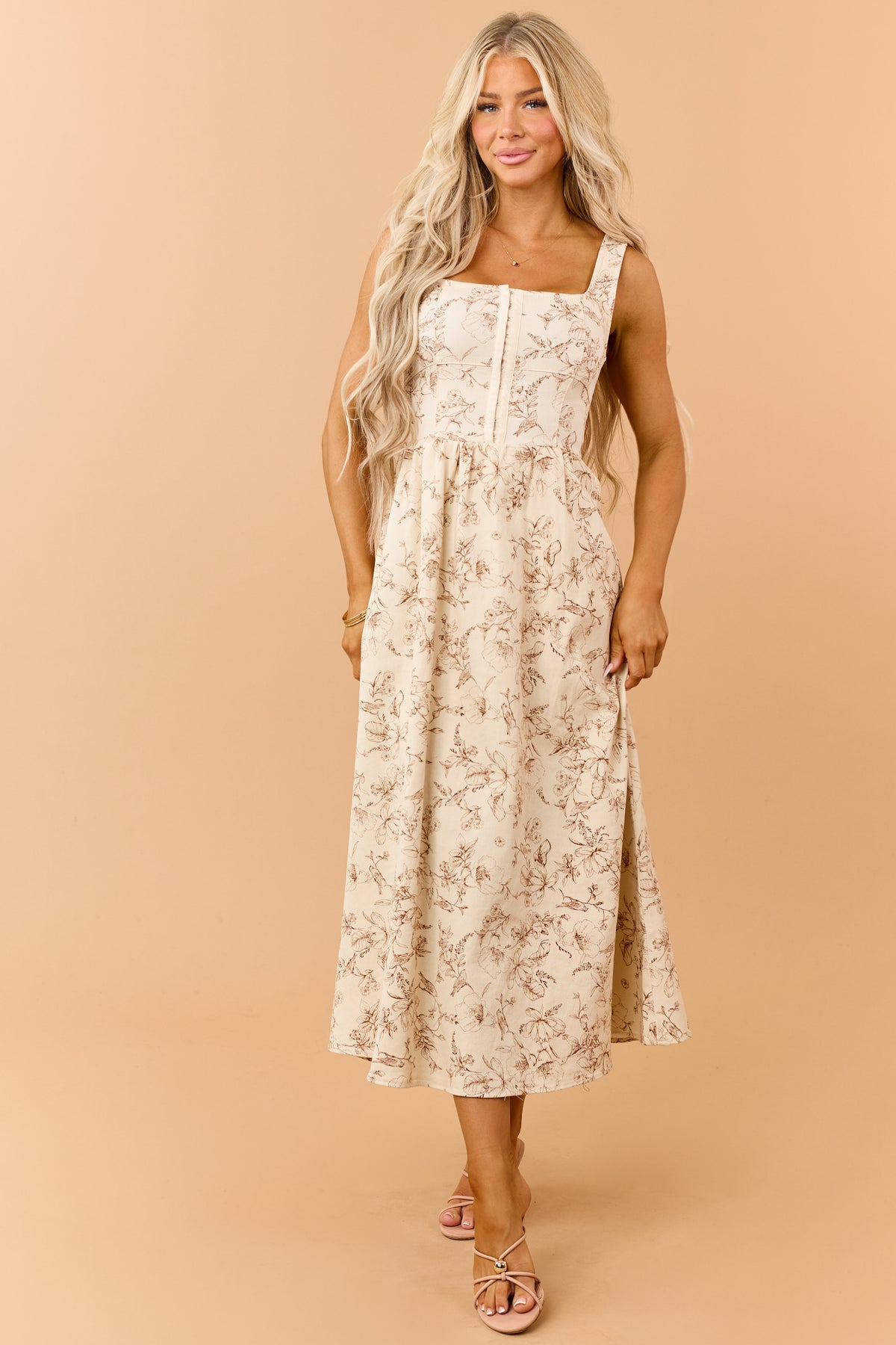 Cream Denim Toile De Jouy Pattern Midi Dress