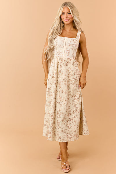 Cream Denim Toile De Jouy Pattern Midi Dress