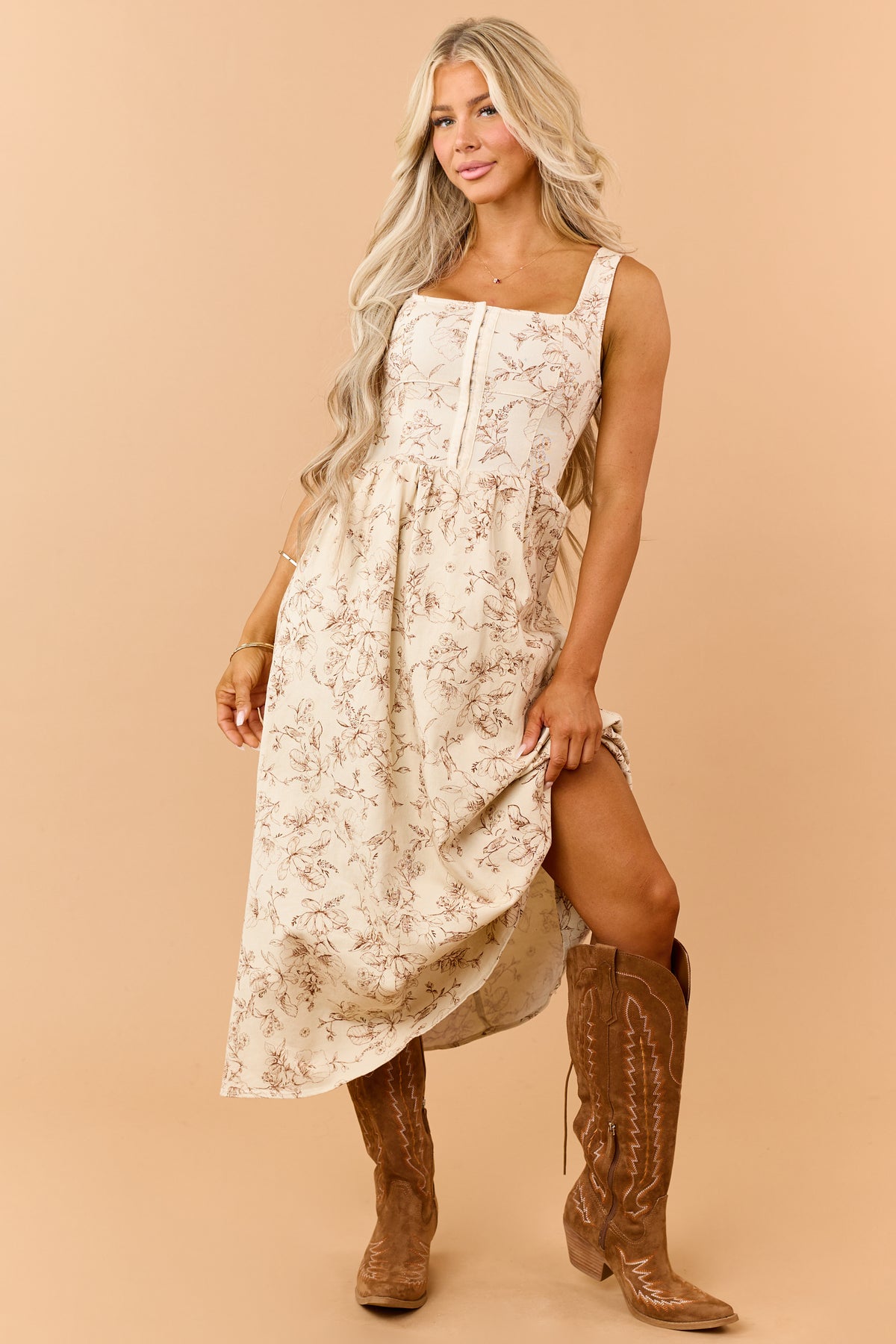 Cream Denim Toile De Jouy Pattern Midi Dress