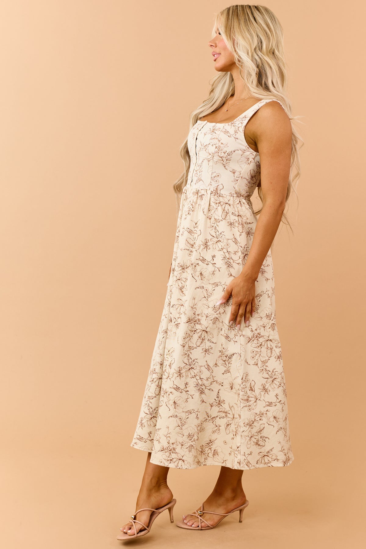 Cream Denim Toile De Jouy Pattern Midi Dress