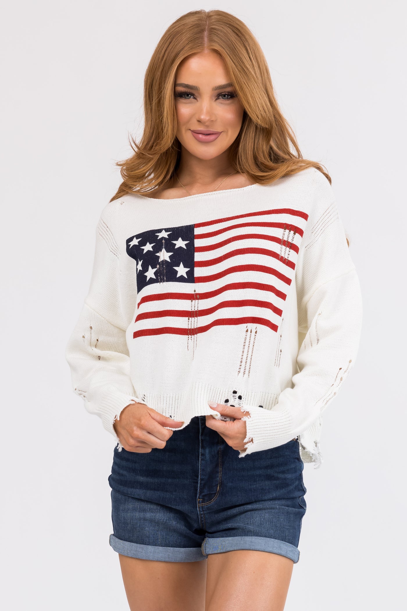 Cream Distressed American Flag Print Sweater