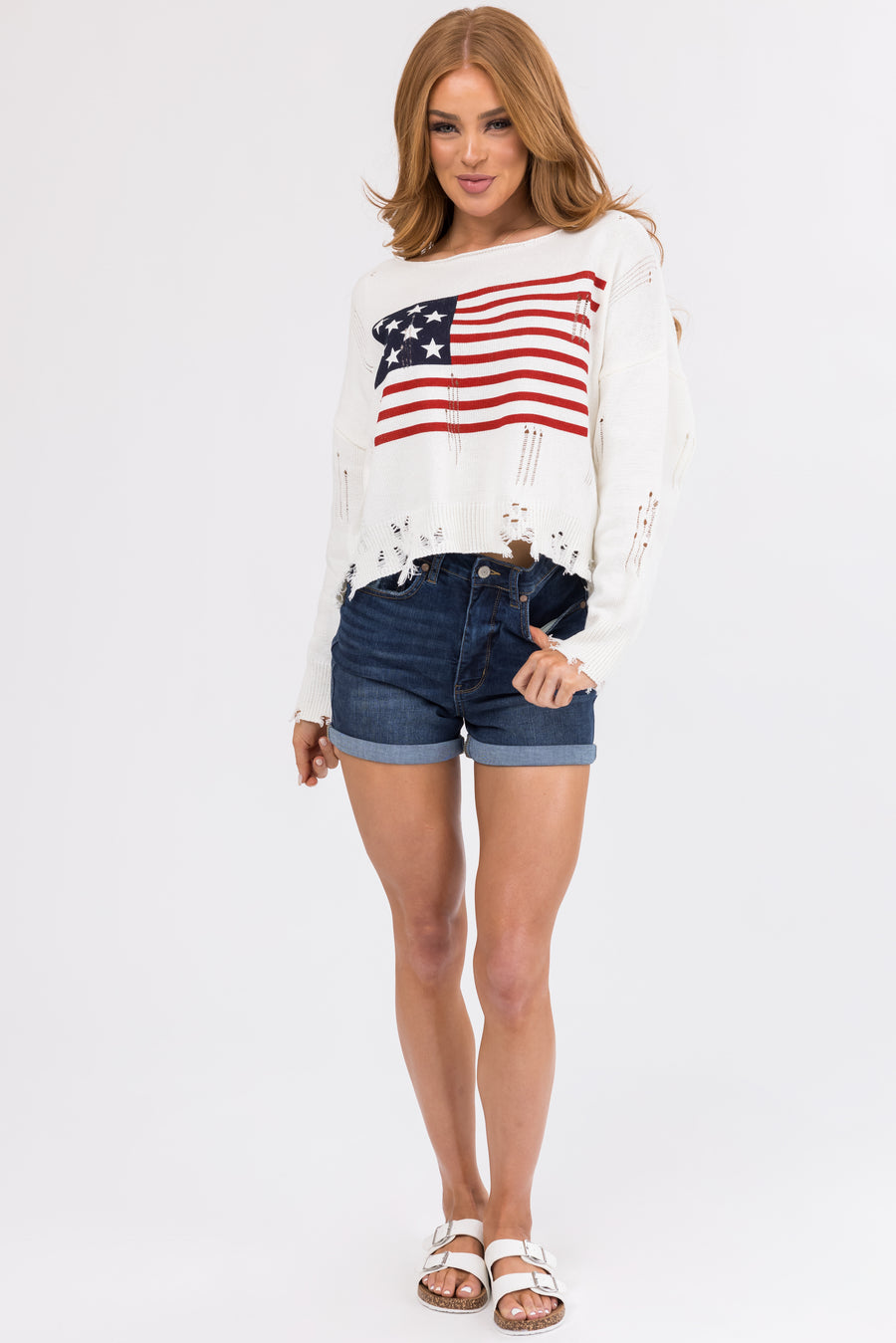 Cream Distressed American Flag Print Sweater