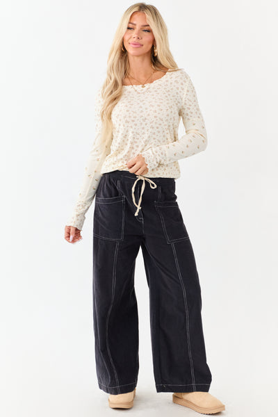 Cream Ditsy Floral Contrast Long Sleeve Knit Top