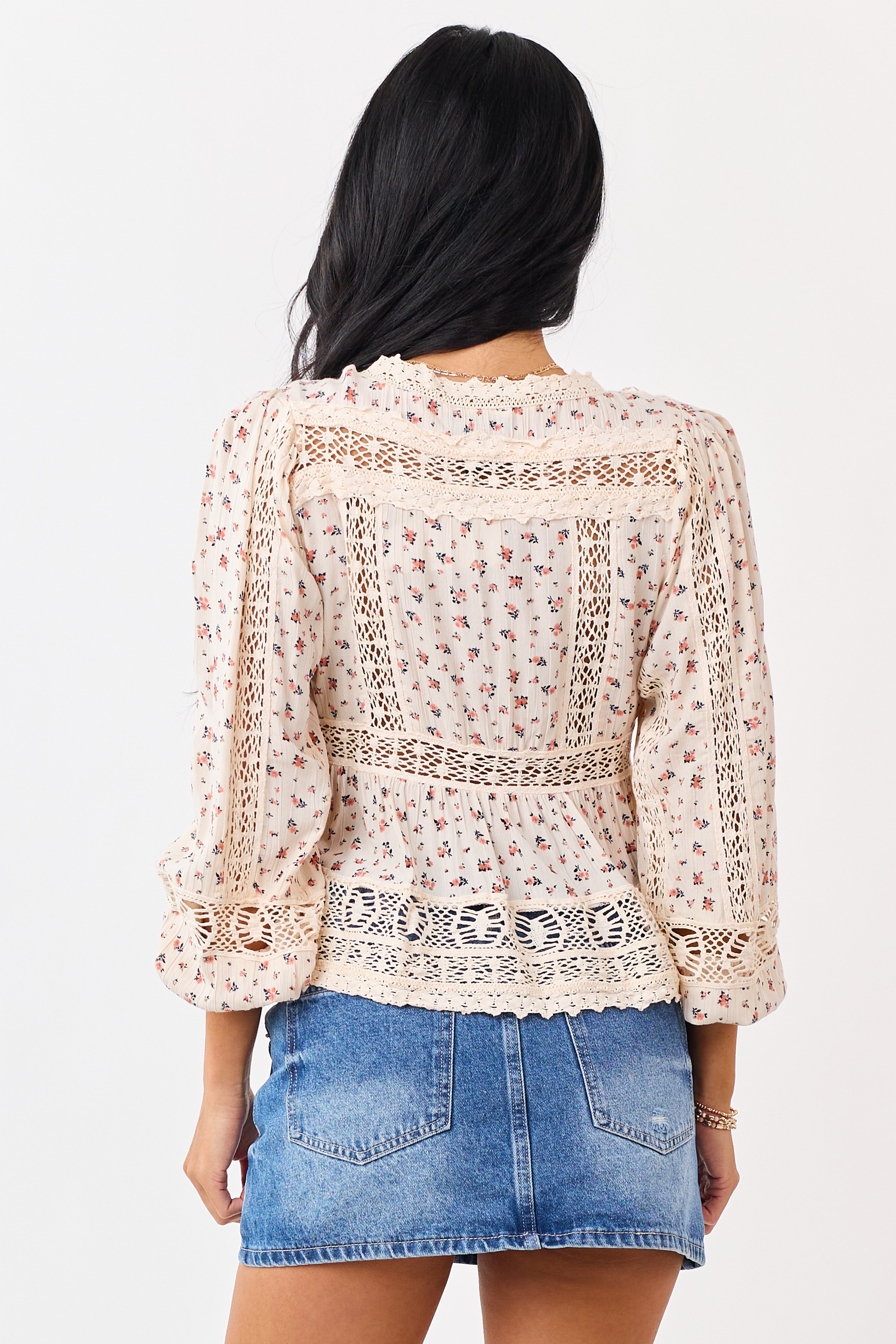 Cream Ditsy Floral Print Front Tie Lace Trim Top | Lime Lush Boutique