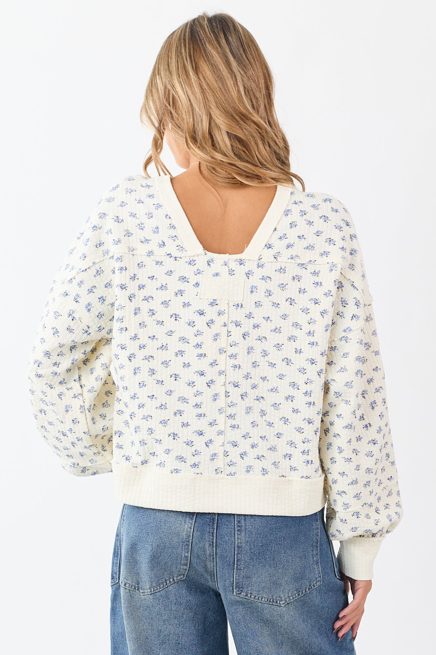Cream Ditsy Floral Print Textured Sweatshirt Top