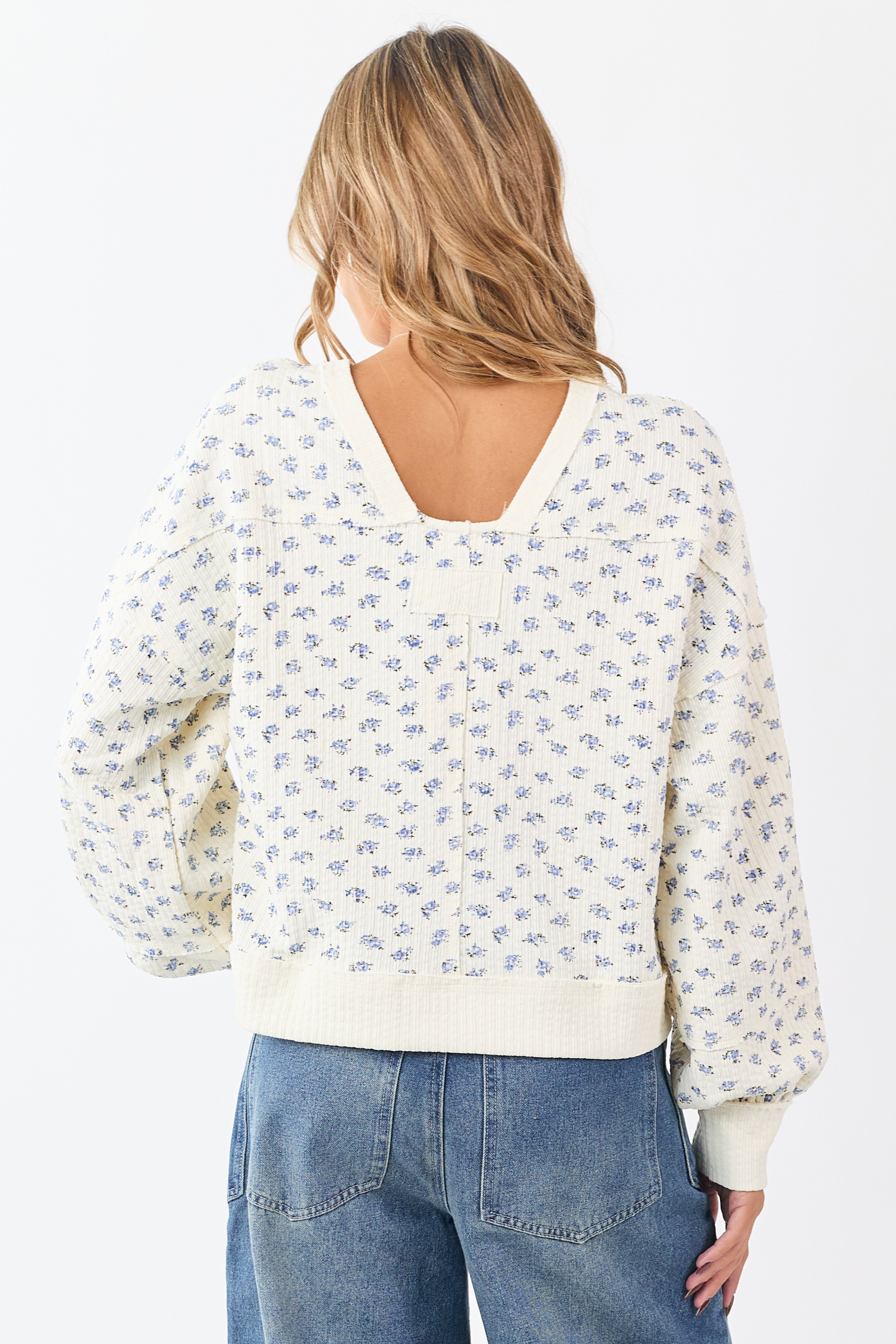 Cream Ditsy Floral Print Textured Sweatshirt Top