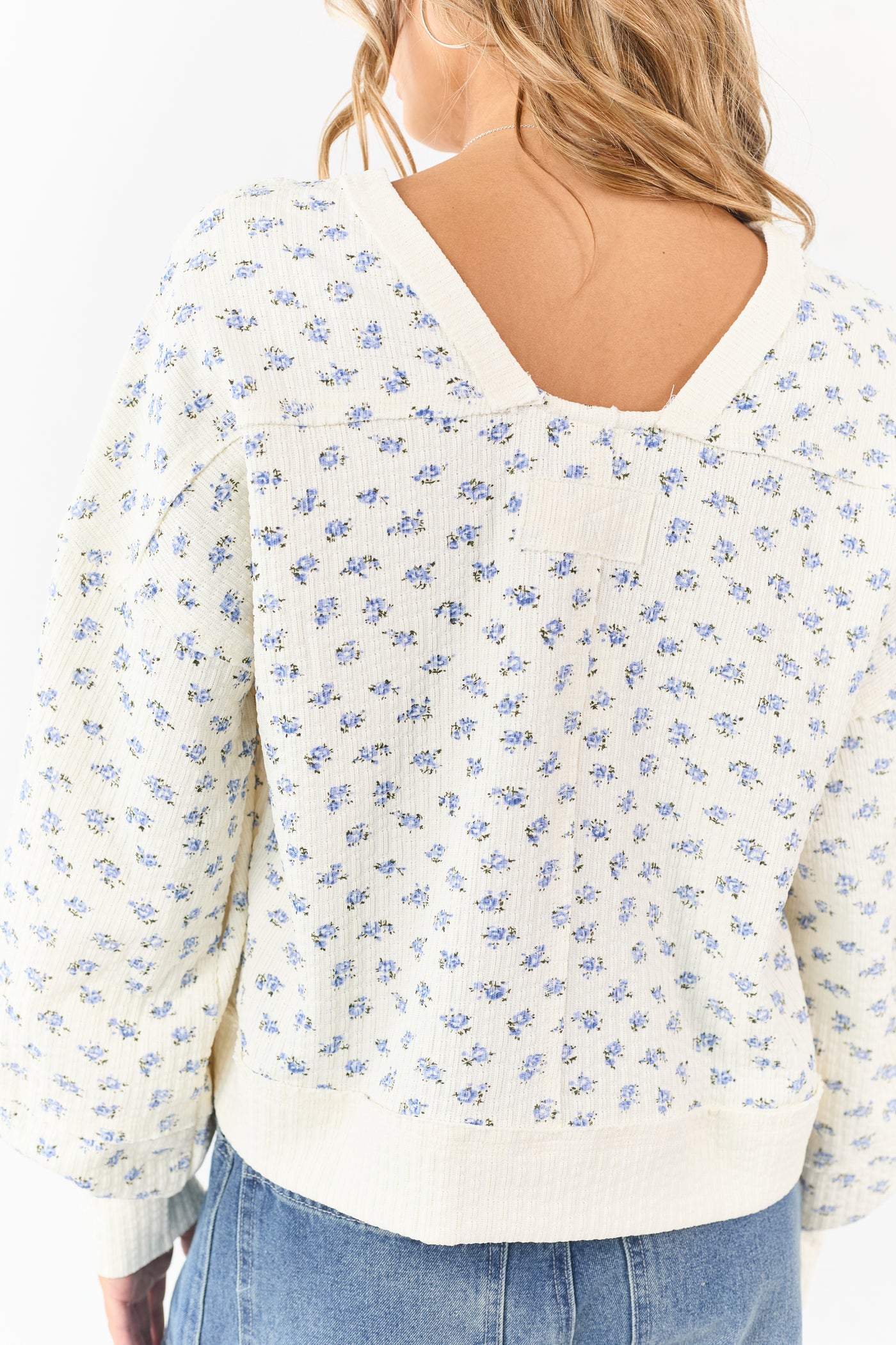 Cream Ditsy Floral Print Textured Sweatshirt Top