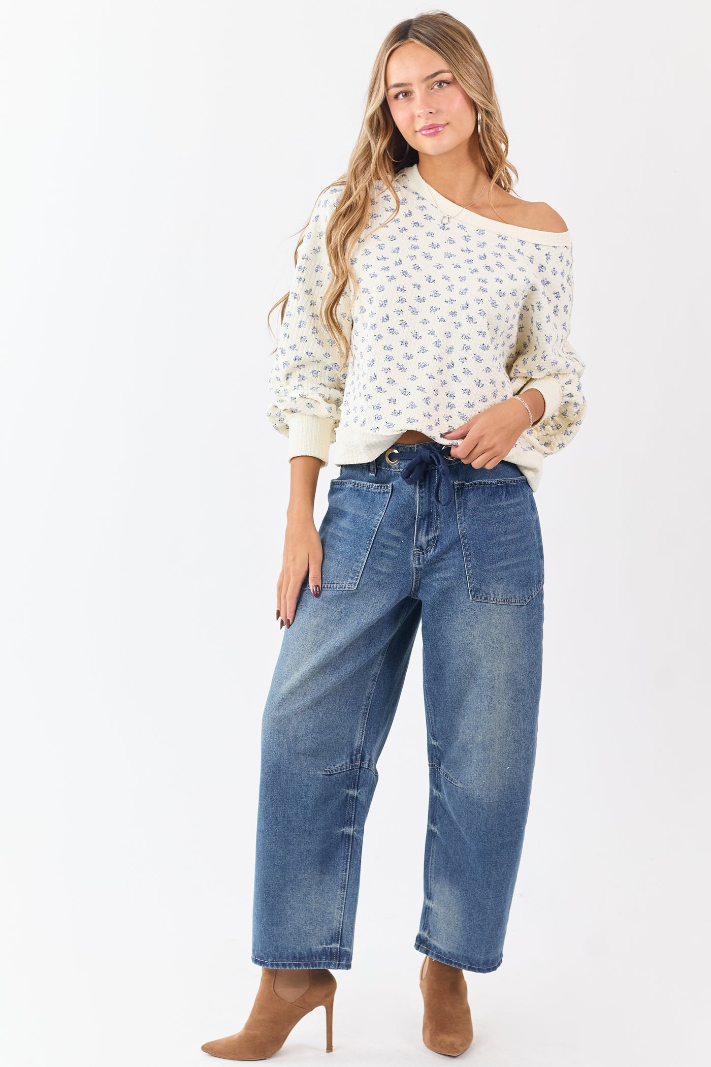 Cream Ditsy Floral Print Textured Sweatshirt Top