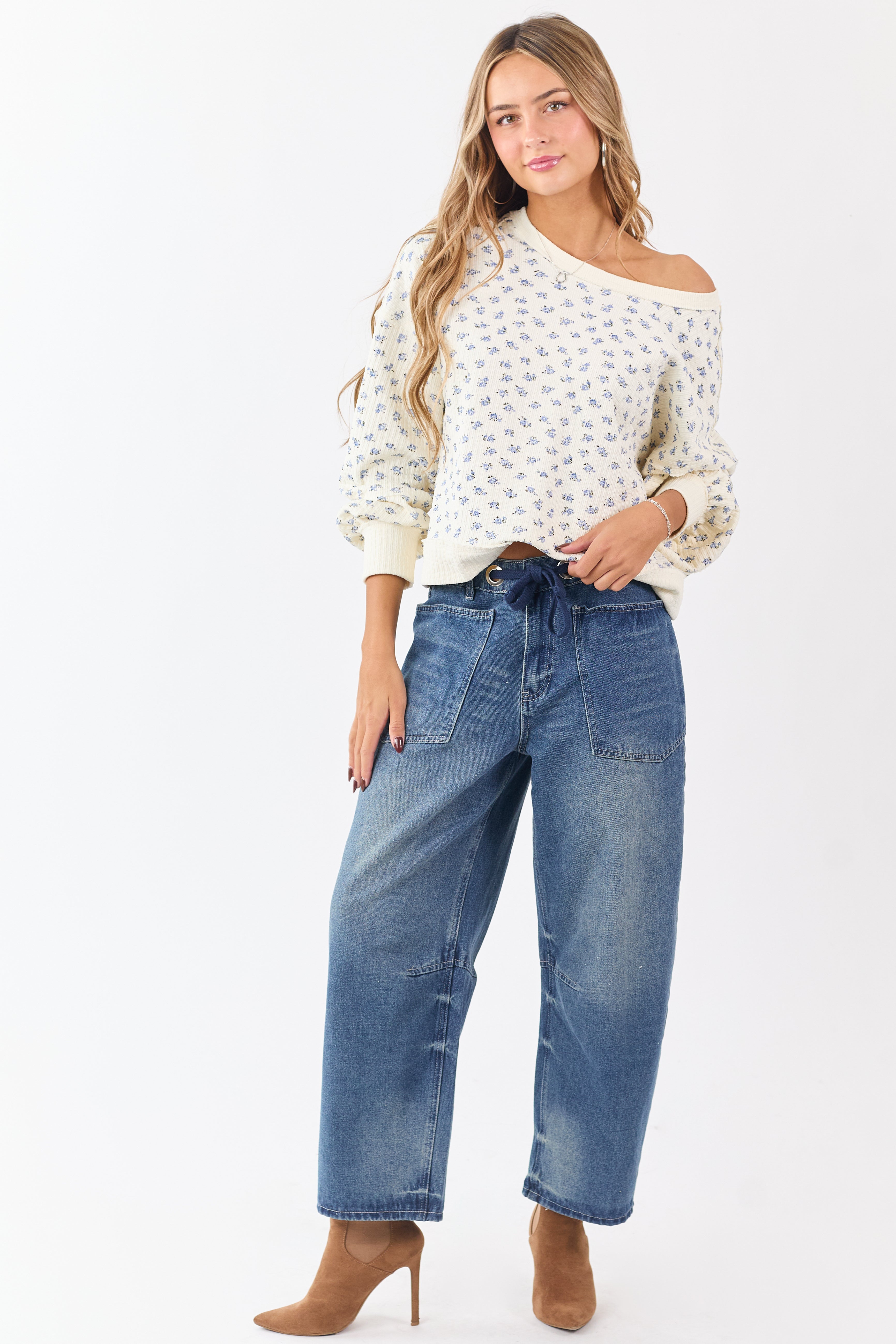 Cream Ditsy Floral Print Textured Sweatshirt Top