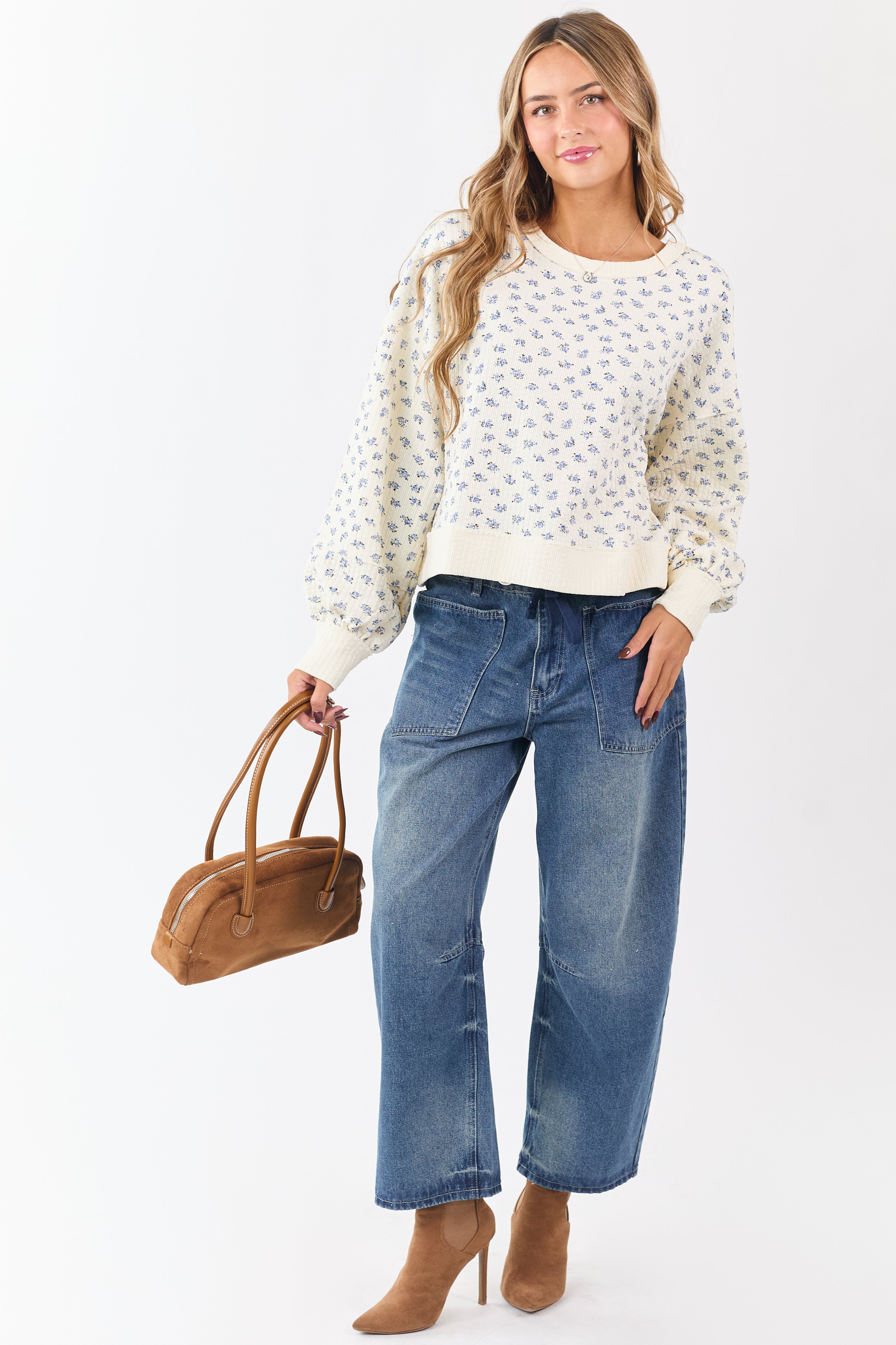 Cream Ditsy Floral Print Textured Sweatshirt Top