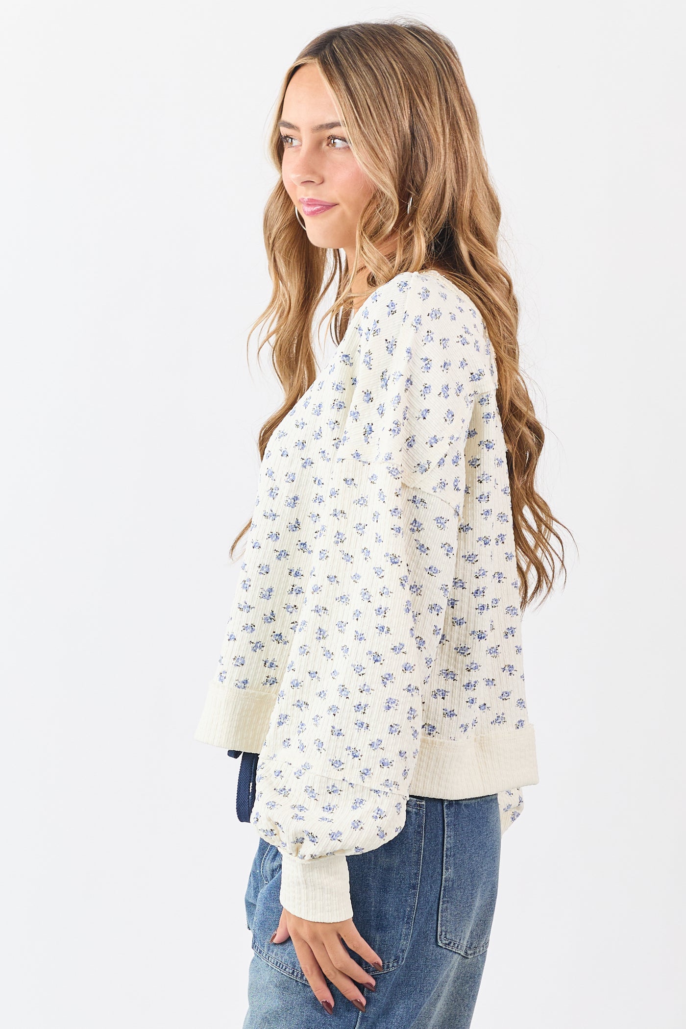 Cream Ditsy Floral Print Textured Sweatshirt Top