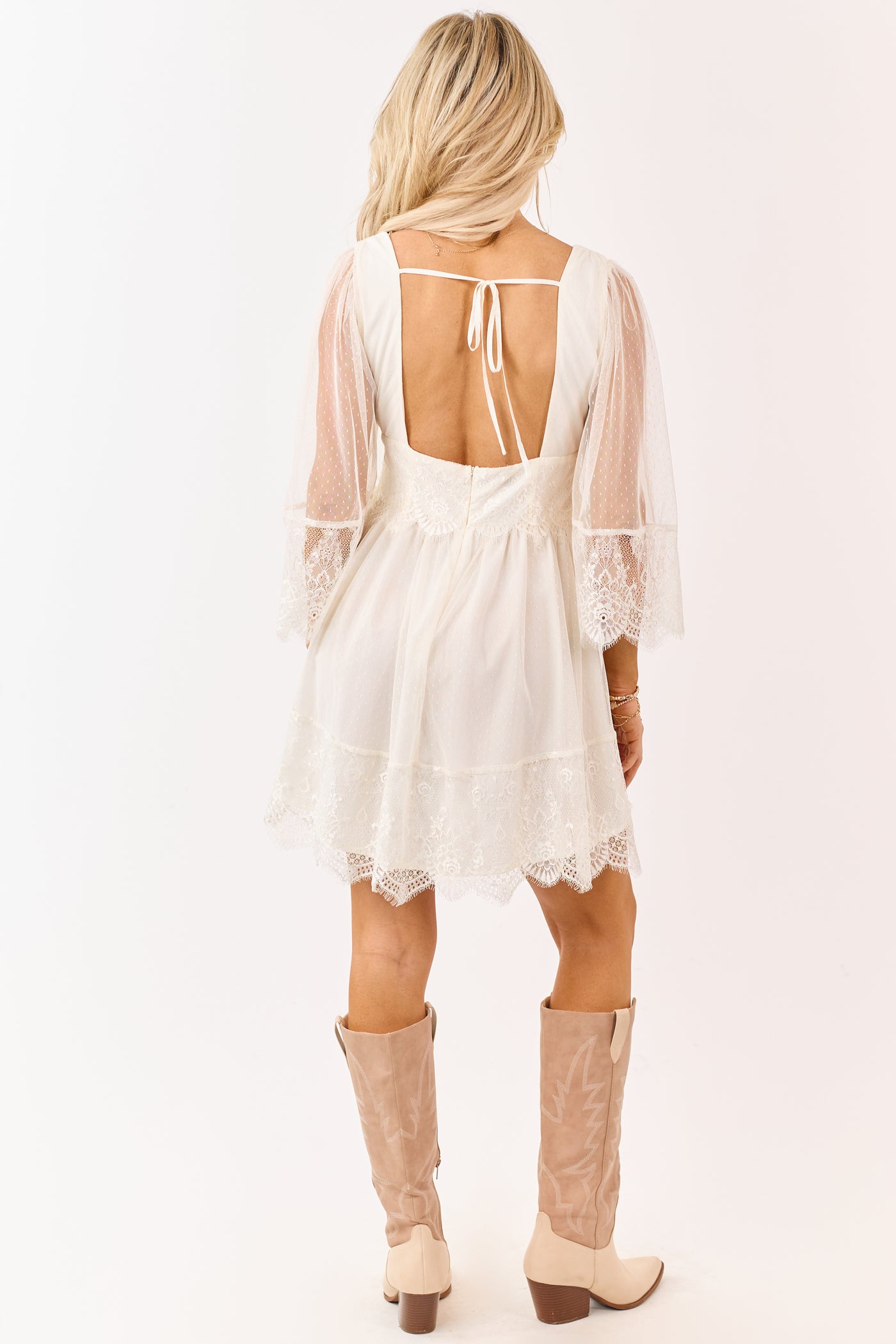 Cream Dotted Lace Open Back Long Sleeve Mini Dress | Lime Lush Boutique Cream Dotted Lace Open Back Long Sleeve Mini Dress | Lime Lush Boutique