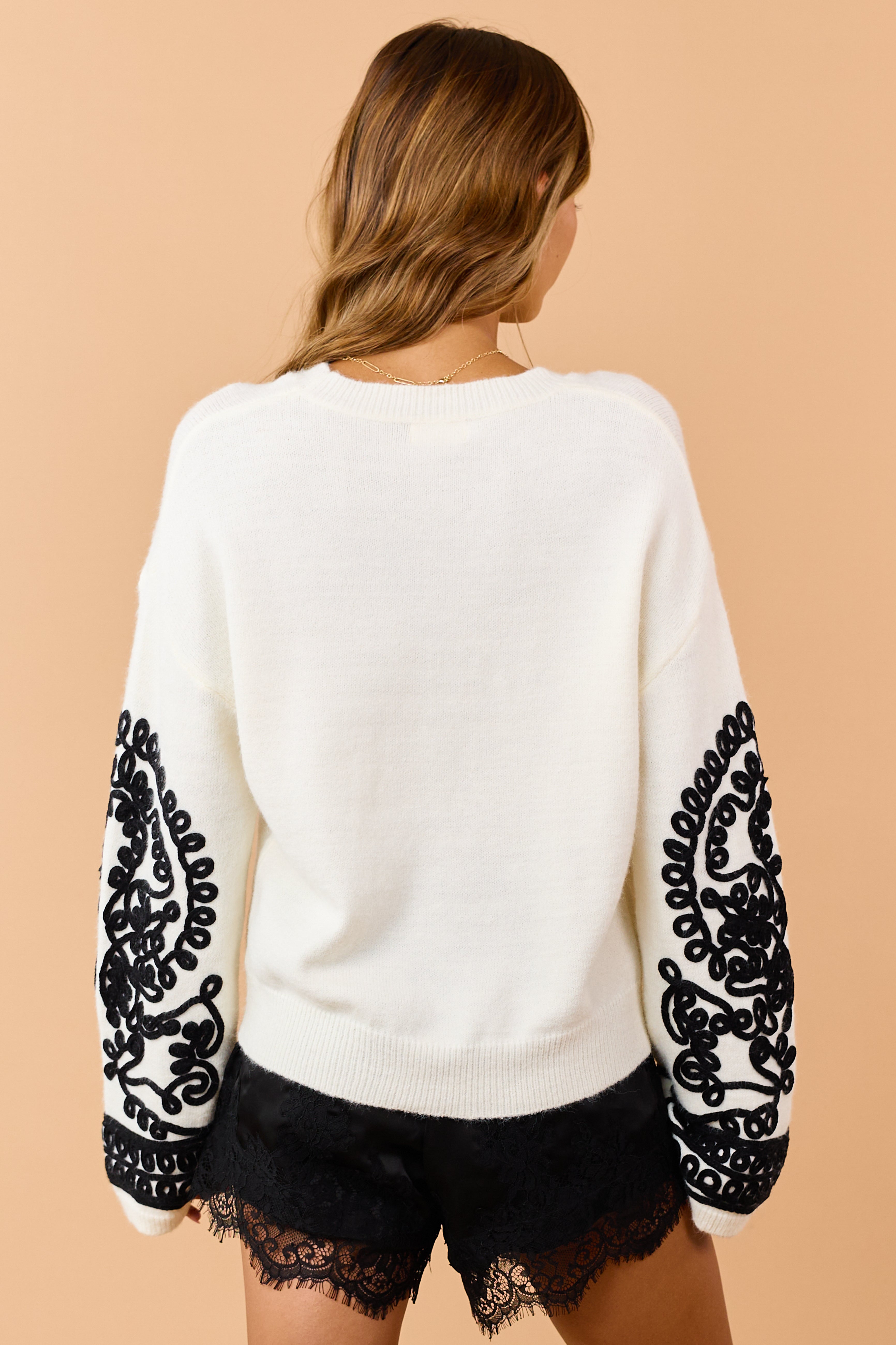 Cream Embroidered Sleeve Relaxed Knit Sweater