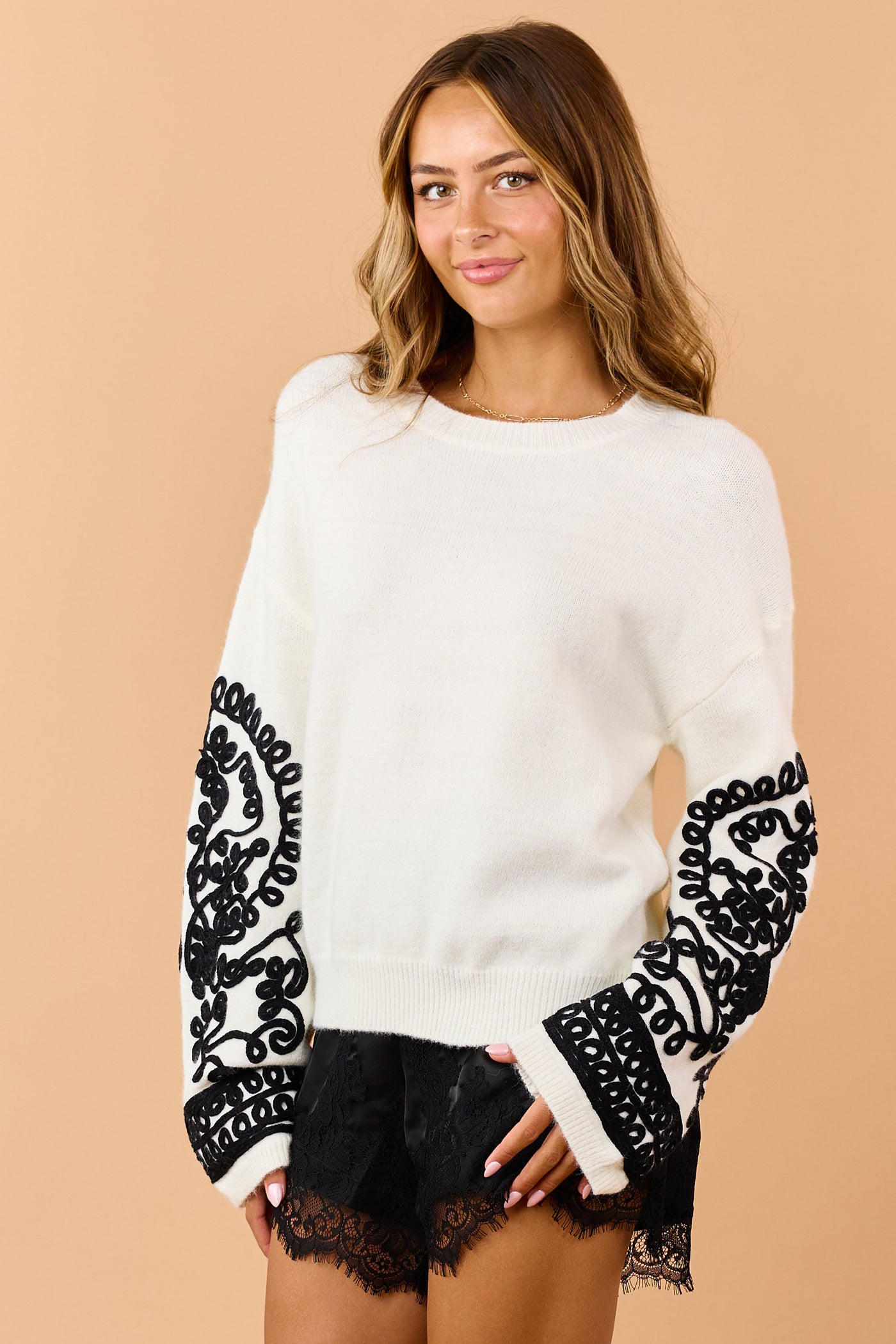 Cream Embroidered Sleeve Relaxed Knit Sweater
