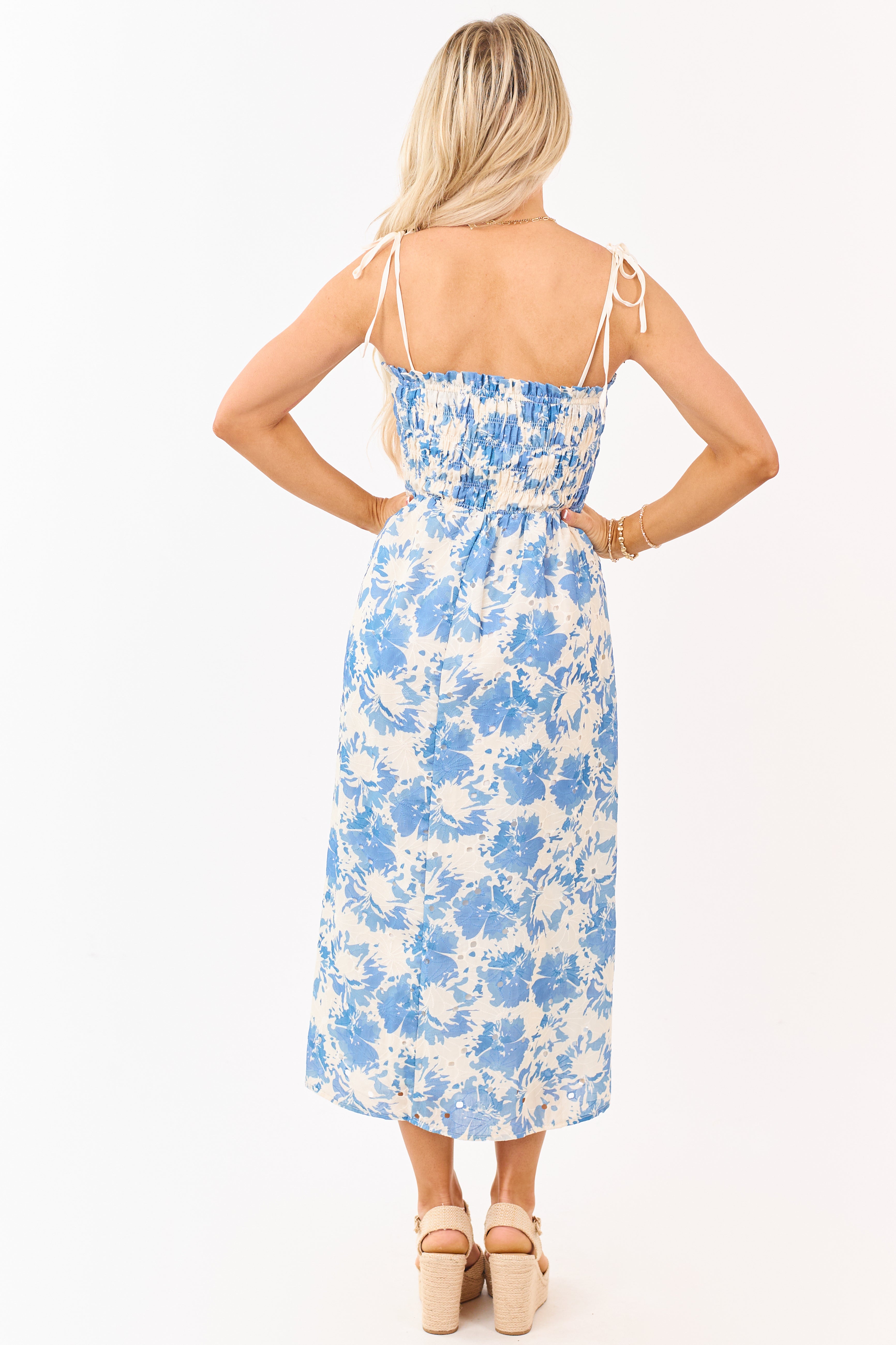 Cream Eyelet Floral Print Smocked Midi Dress