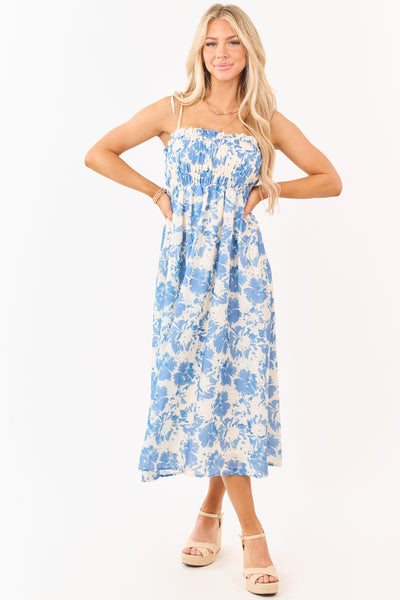 Cream Eyelet Floral Print Smocked Midi Dress